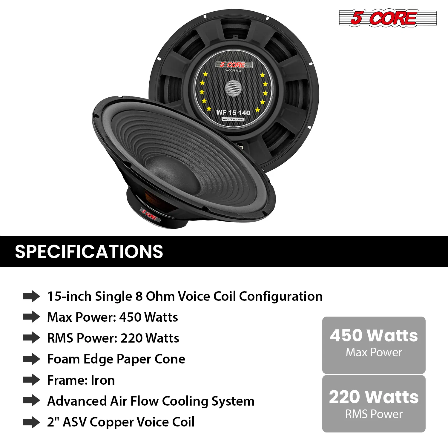 5 Core 15" Subwoofer Speaker Pair 450W MAX PA DJ Replacement Audio Sub Woofer 8Ohm Bass Driver photo 3