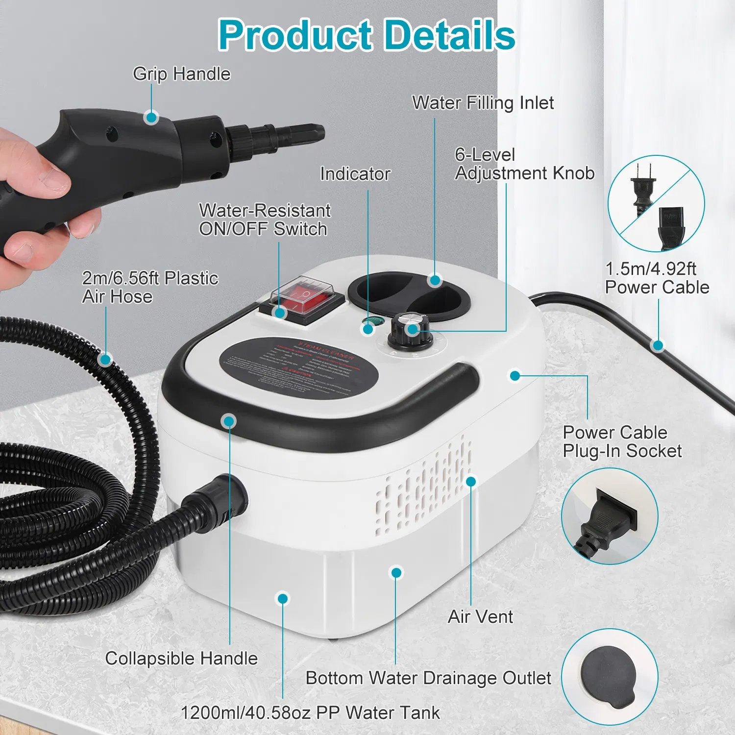 1200ml Tank Steam Cleaner 2500W 3 Bar Hot Steam Output 6 Adjustable Speeds, Complete Multi Function Cleaning Tool Set Foldable Handle Extended Hose Cord for Indoor Auto Surface Maintenance photo 5