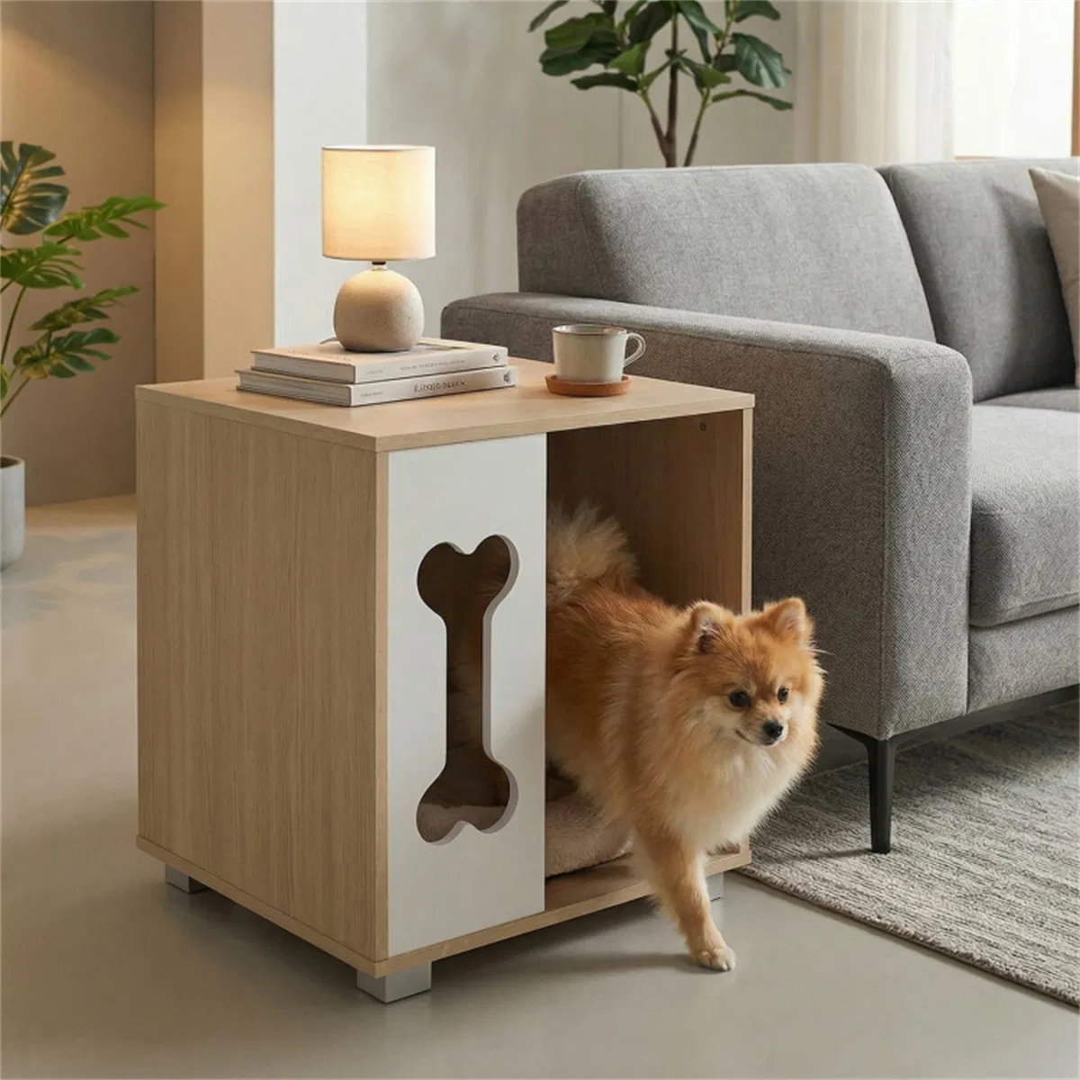 Cat Dog House Dog Bed Side Table Wooden Dog Condo with Bone-shape Window and Thick Metal Legs photo 2