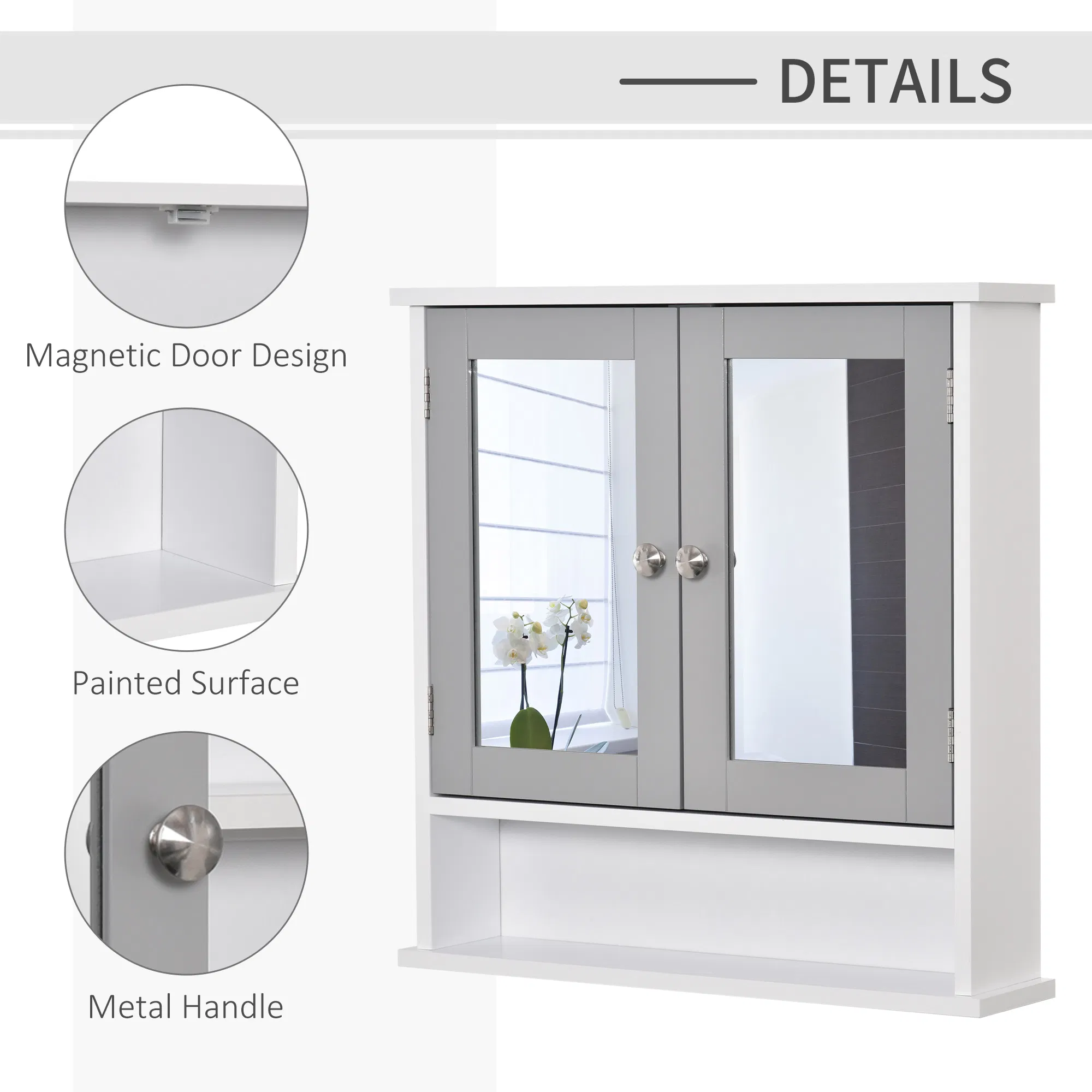 Medicine Cabinet, Wall-Mounted Bathroom Mirror Cabinet with Double Doors, Open Shelf, and Adjustable Shelf, Modern Bathroom Wall Cabinet, White and Grey photo 5