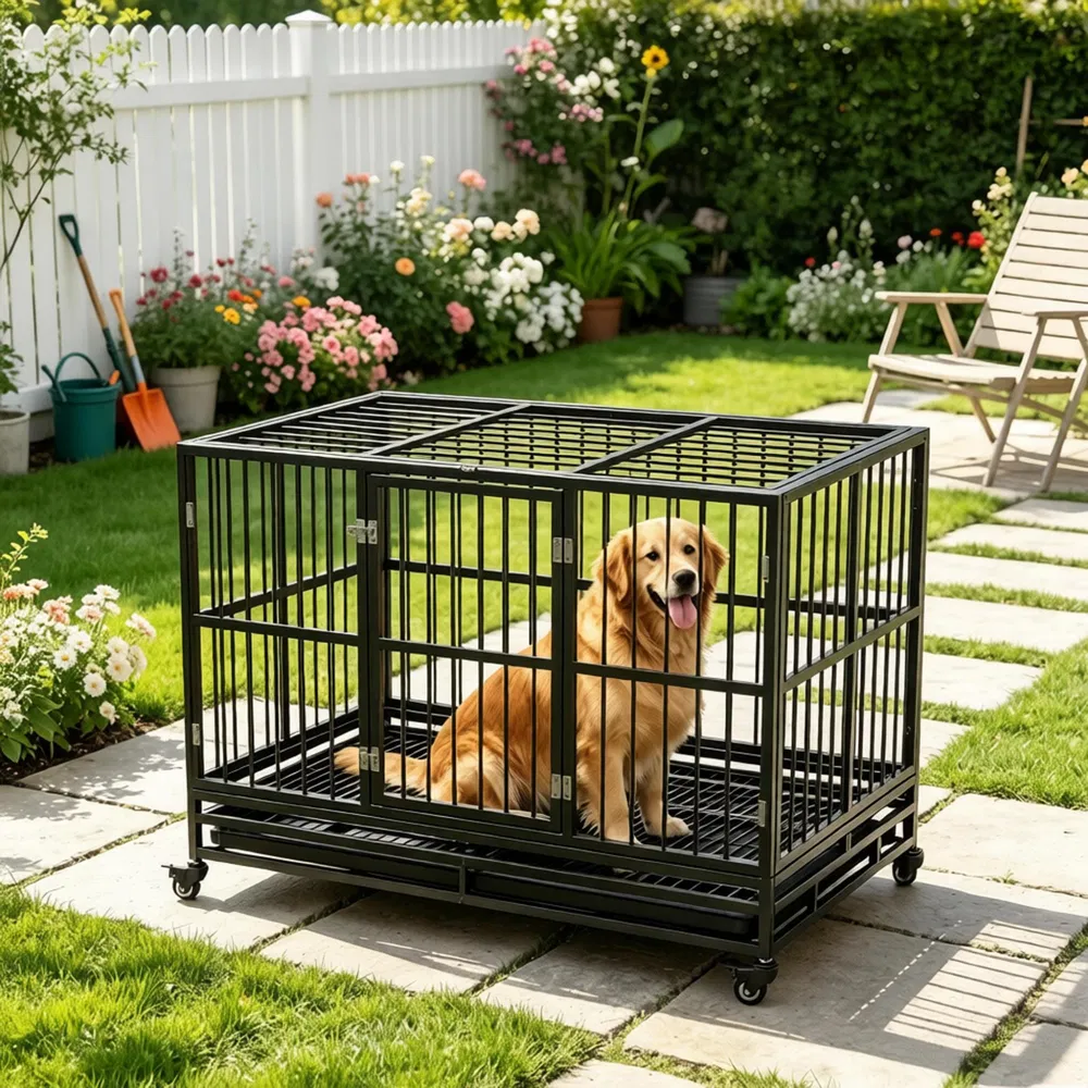 48" Heavy Duty Metal Dog Crate Kennel with Lockable Wheels Double Door Removable Tray Gray photo 8