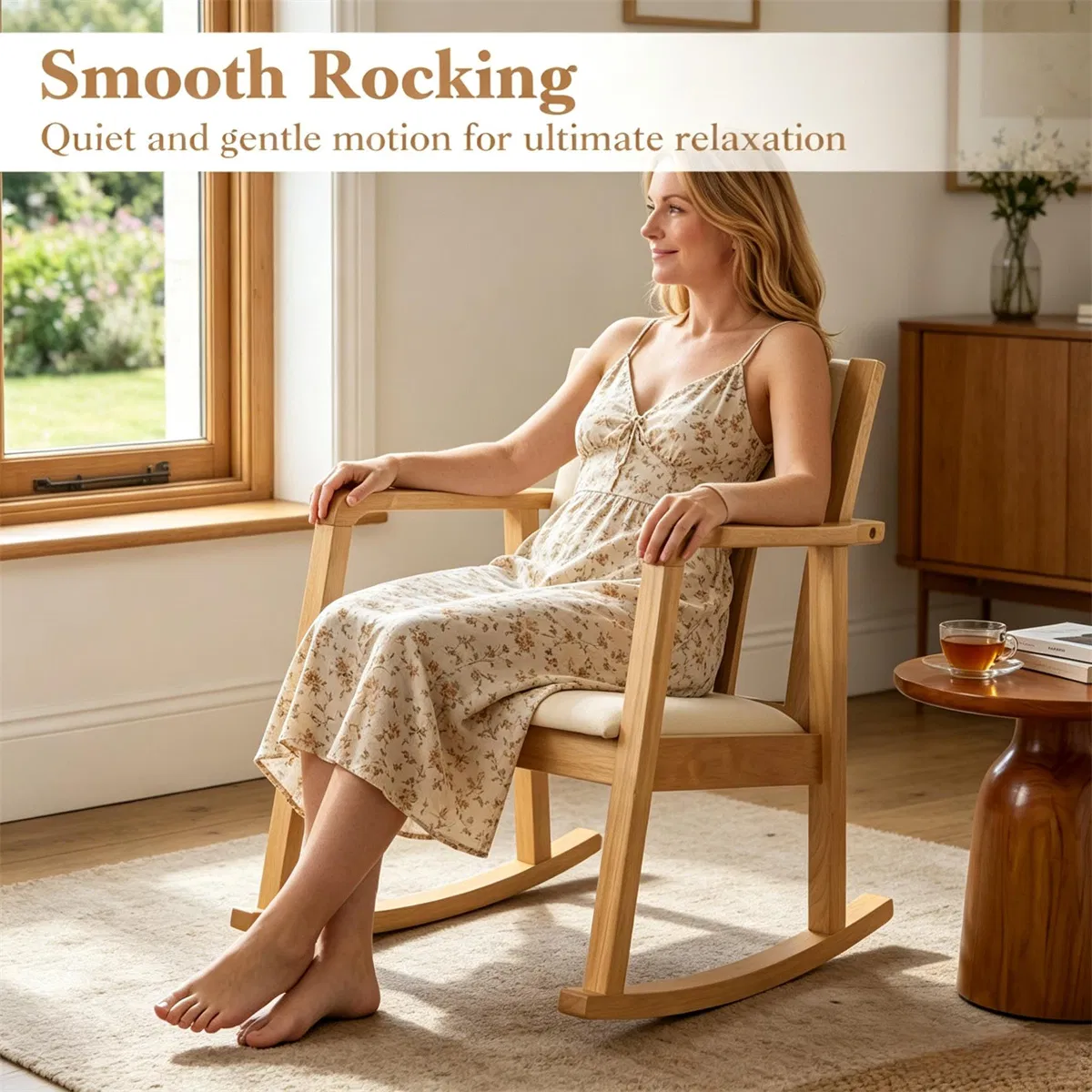 Heavy-Duty Solid Wood Rocking Chair, Ergonomic Accent Armchair with Breathable Ladder Back for Indoor Relaxation-Natural photo 3