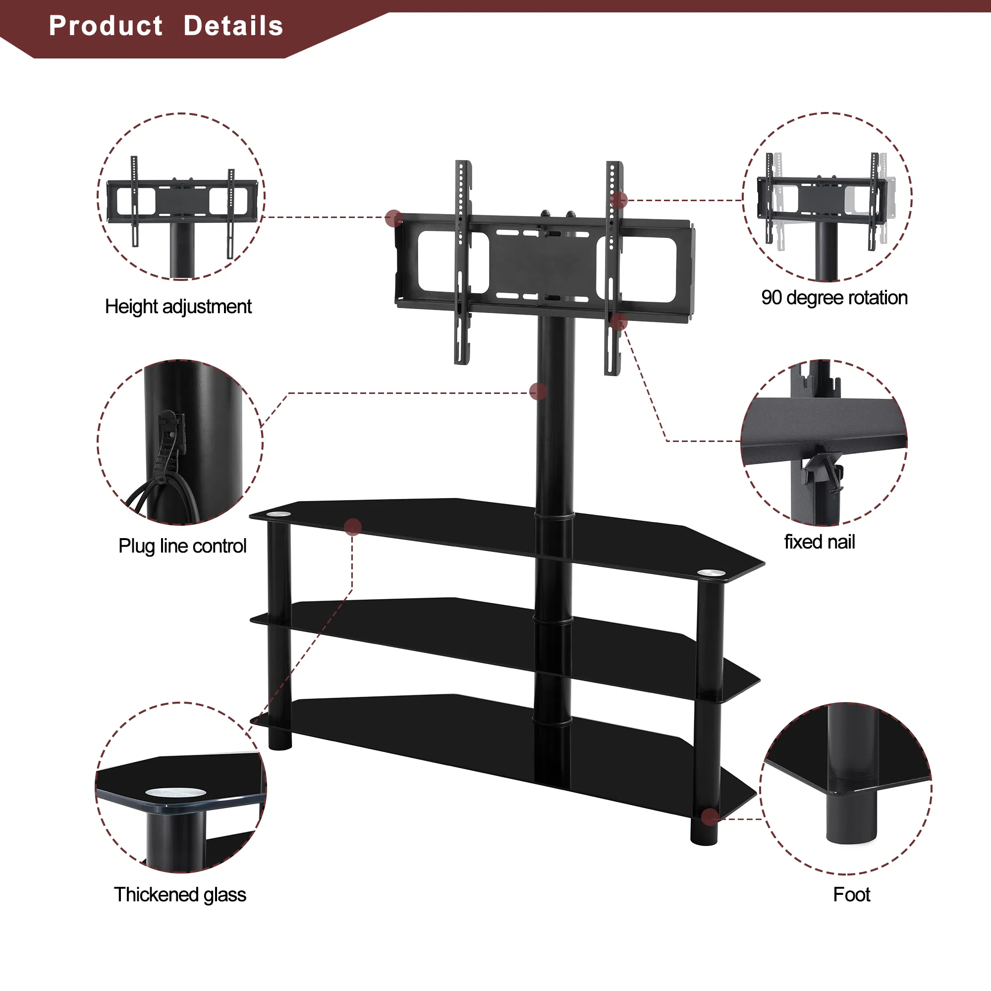 Black Multi-function TV Stand Height Adjustable Bracket Swivel 3-Tier photo 7