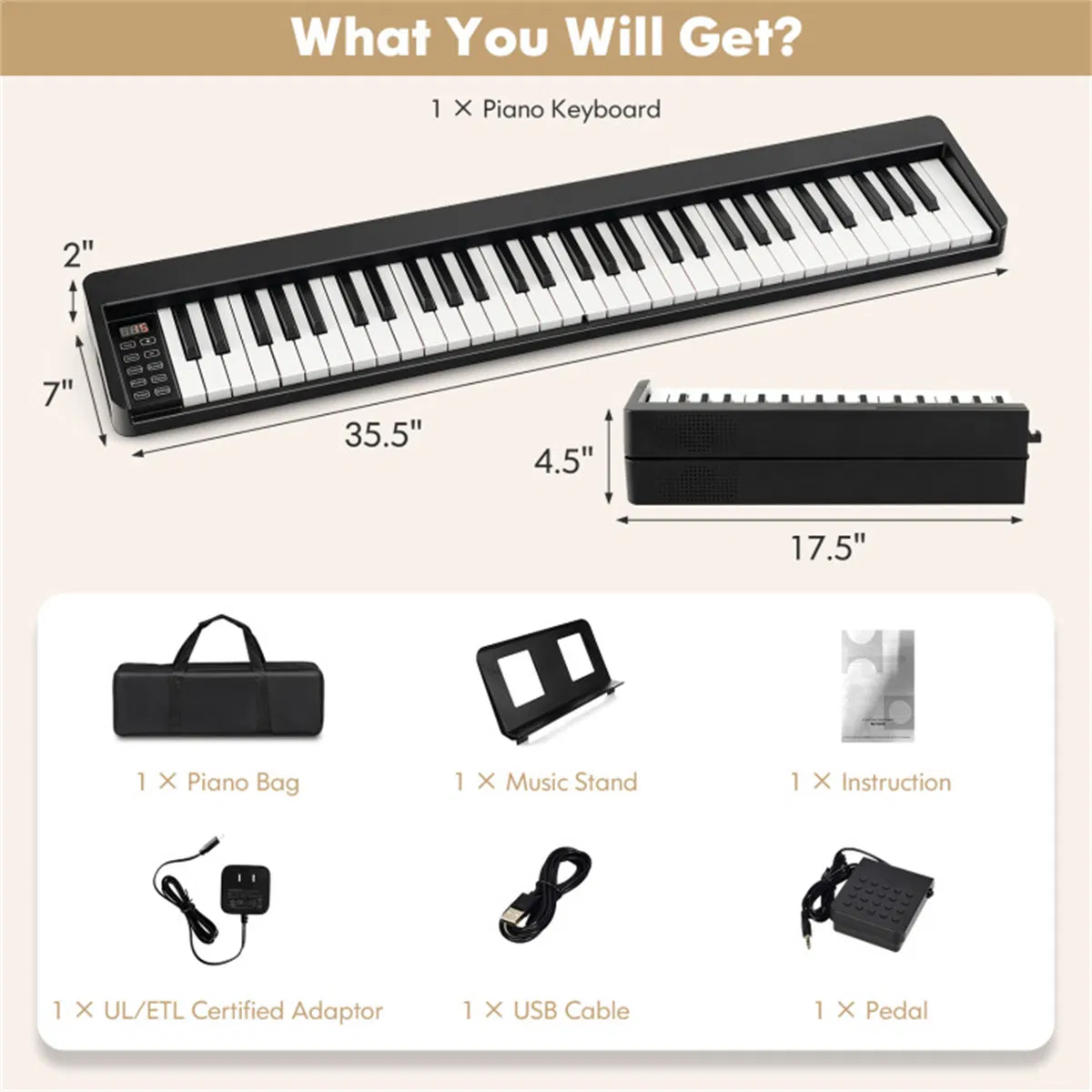Foldable 61-Key Full-Size Digital Piano, 90.17×17.78×5.08 cm Wireless MIDI Keyboard with 1750mAh Rechargeable Battery, Black photo 3