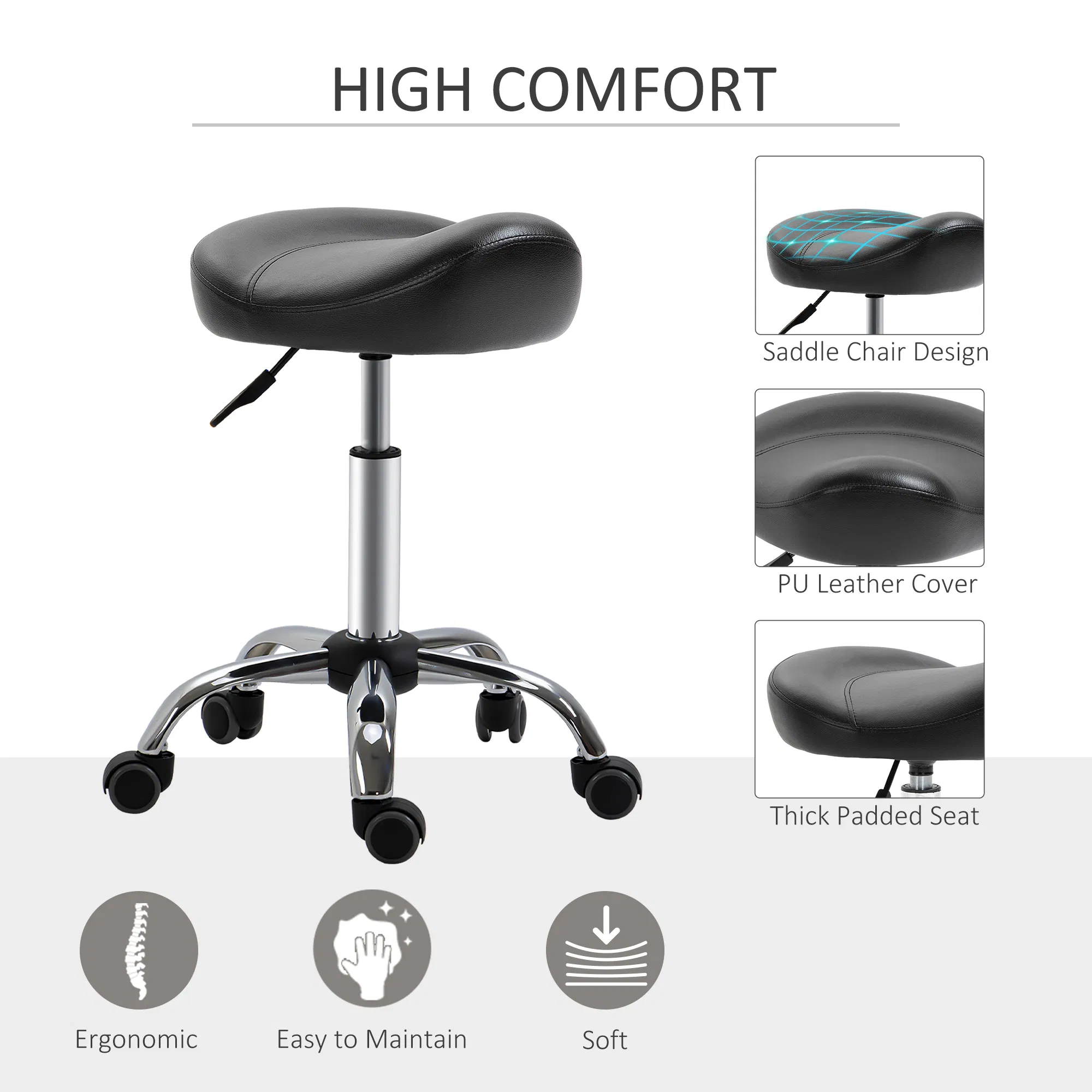 Saddle Stool Height Adjustable Rolling Salon Chair PU Leather Black for Massage Spa Clinic Beauty Tattoo photo 3
