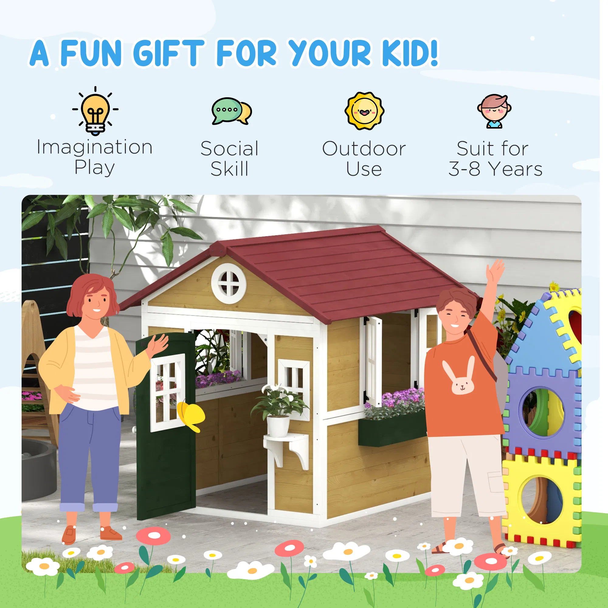 Wooden Playhouse for Kids Outdoor with Door, Windows, Planter Pots and Boxes for Toddlers 3-8 Years, Beige photo 4