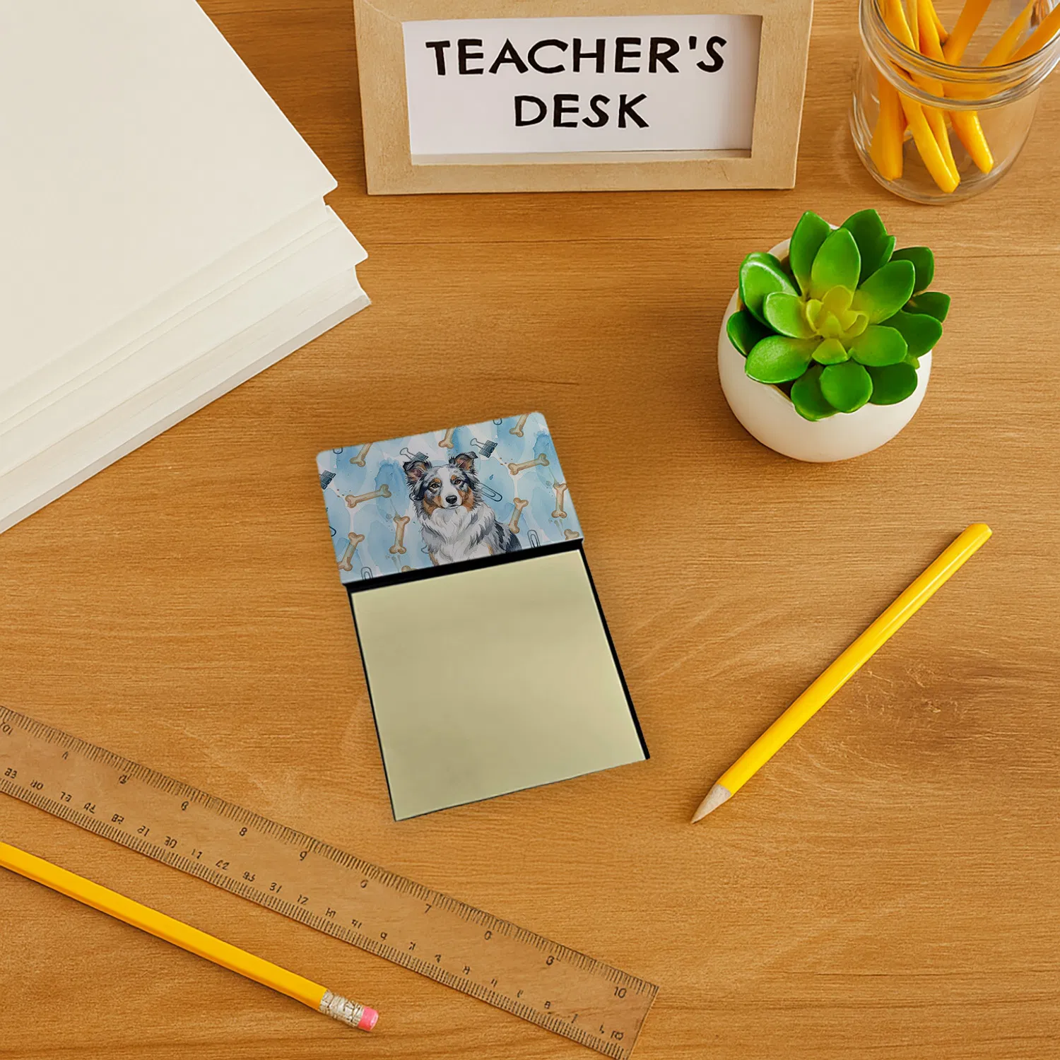 Blue Merle Border Collie Coworker Watercolor Sticky Note Holder Refillable Dispenser Desk Accessory 3x3 Pad Gift photo 4
