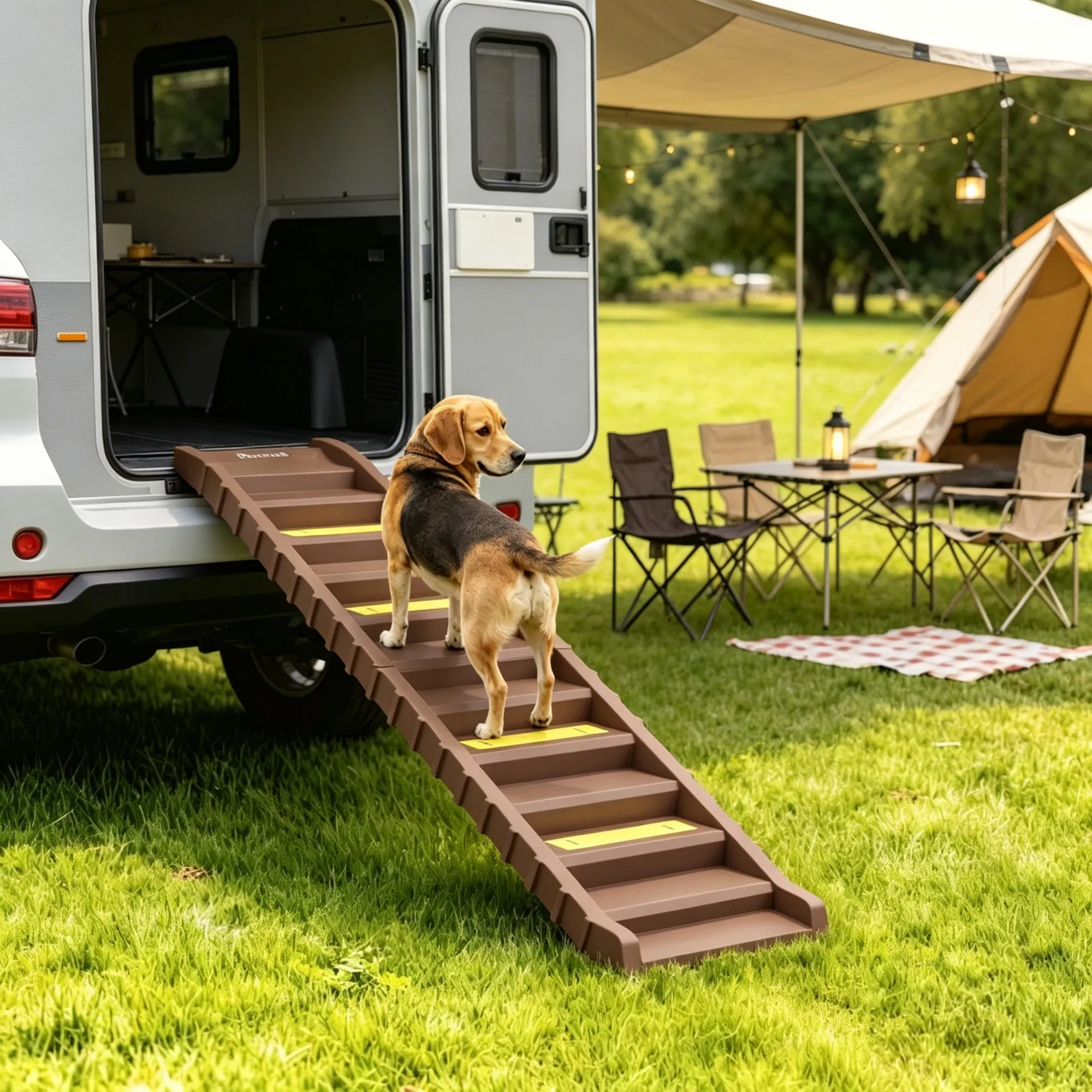 Brown Portable Dog Ramp Foldable Stairs for Medium Small Dogs to Get on Car Truck SUV photo 4