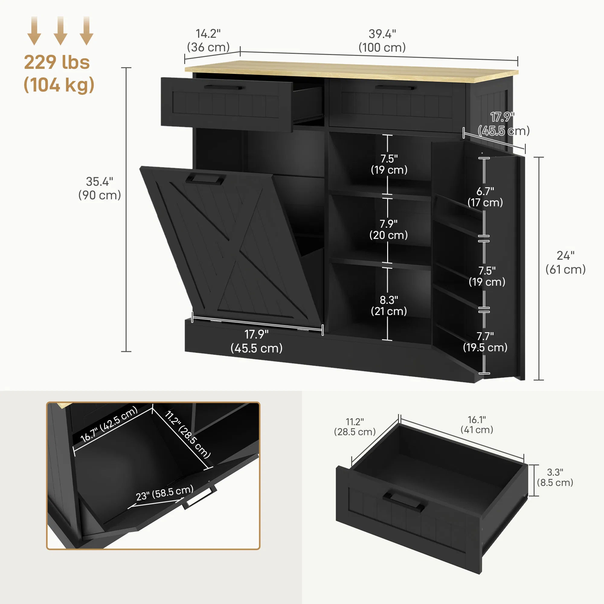 10 Gallon Hidden Garbage Bin Cabinet, Tilt Out Trash Cabinet w/ 2 Drawers, Freestanding Kitchen Island, Black photo 3