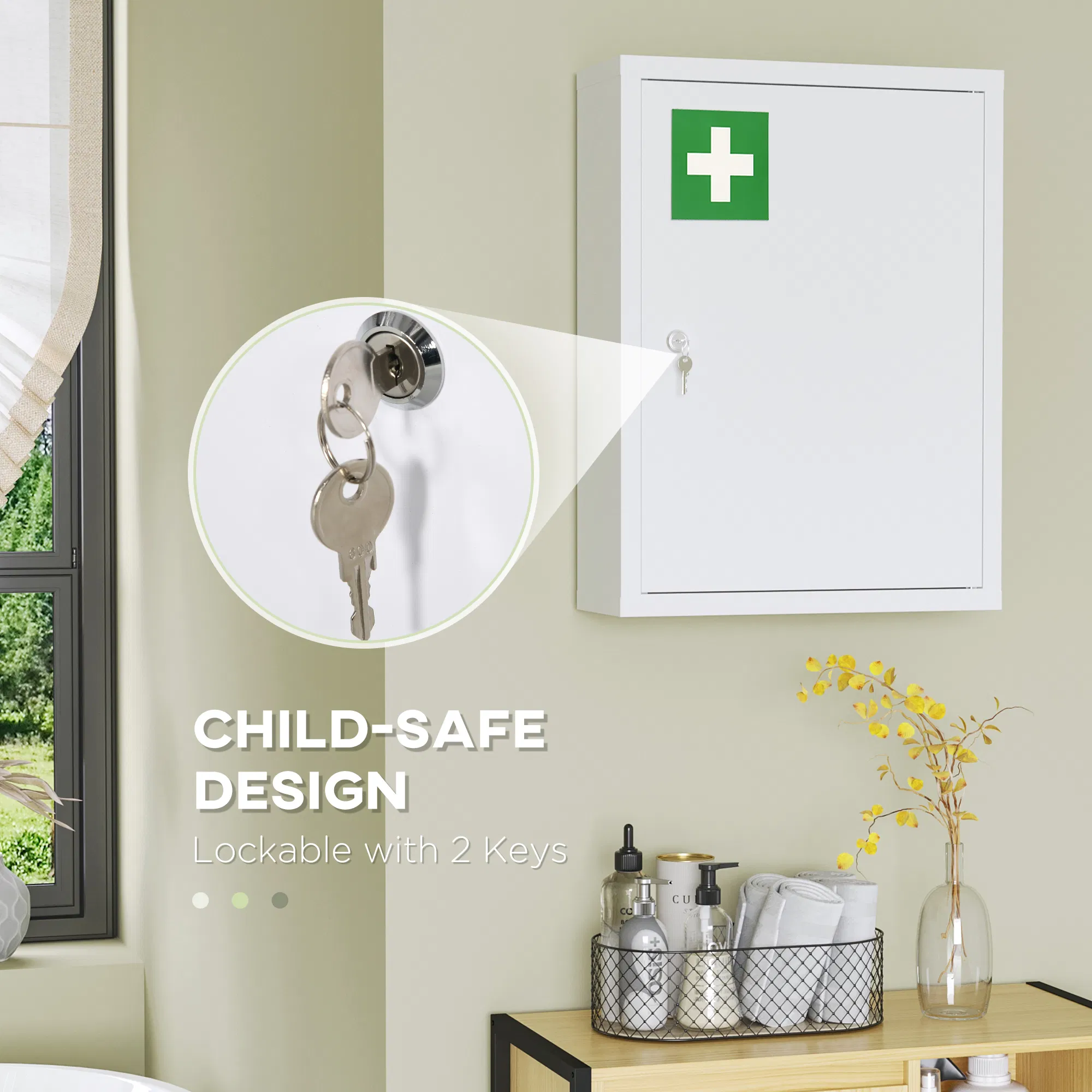 Lockable Medicine Cabinet, 3 Tier Steel Medical Wall Box with 2 Keys and Shelves for Bathroom, White photo 4