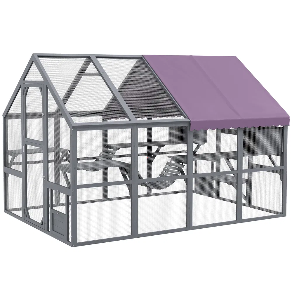 Outdoor Cat Enclosure Wooden Feral Cat House w/ Weatherproof Canopy, Bridges, Resting Boxes, Platforms, for 3-6 Cats photo 7