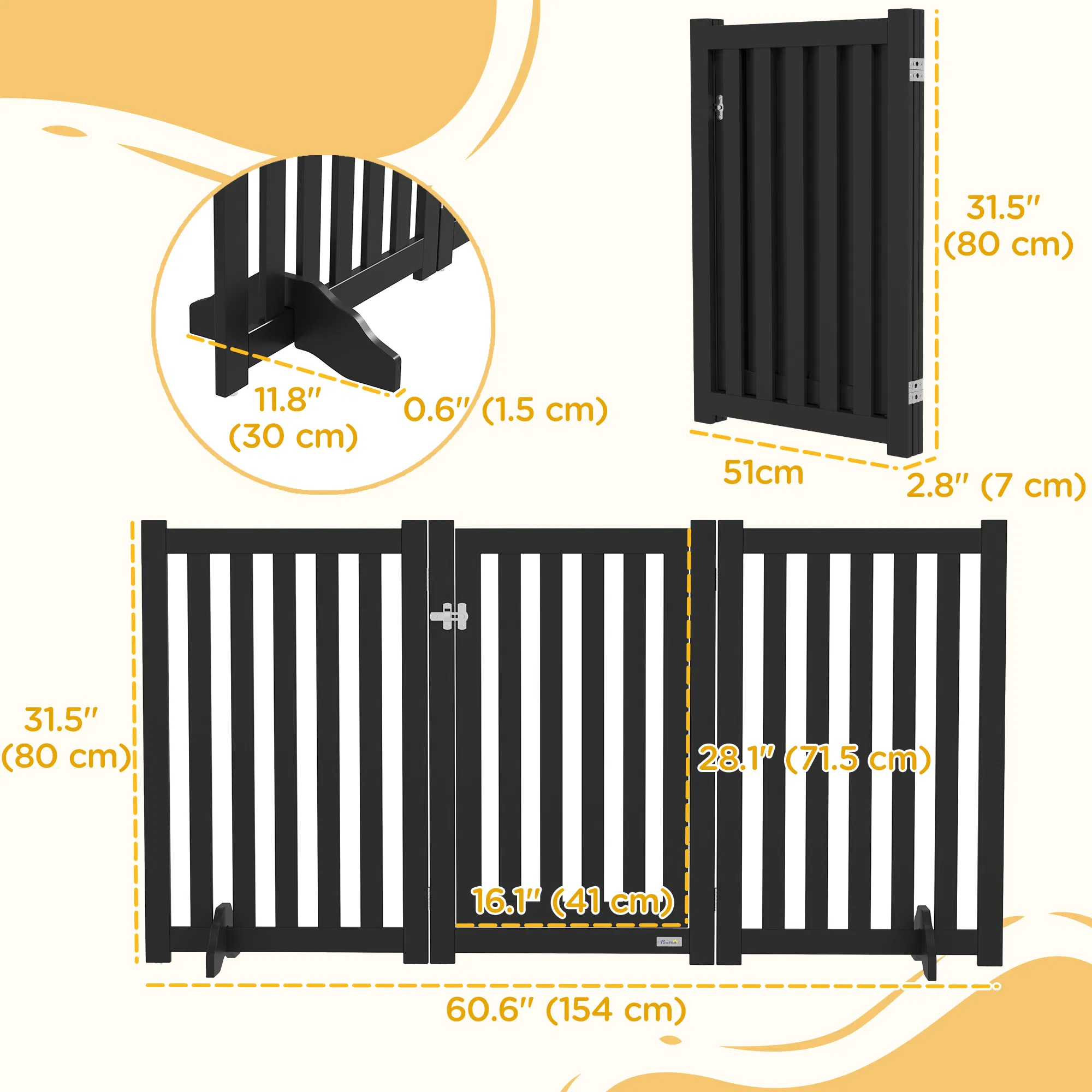 3-Panel Foldable Dog Gate with Feet for Medium Dogs and Below, Black photo 3