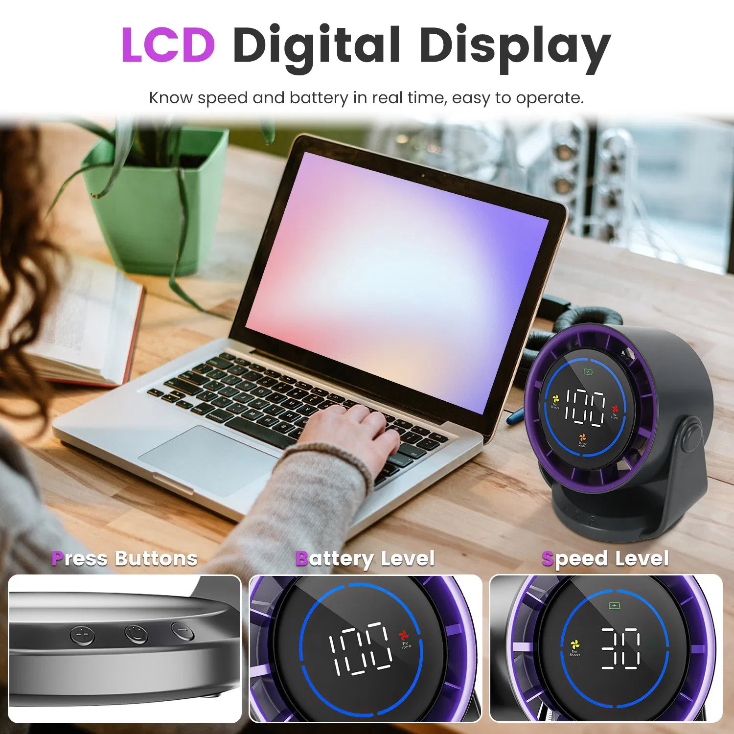 Multi-Speed Personal Desk Fan 100 Adjustable Airflow Levels LCD Control Panel, 120° Manual Tilt Stand & Wall Mount Support USB Rechargeable Portable Fan photo 6