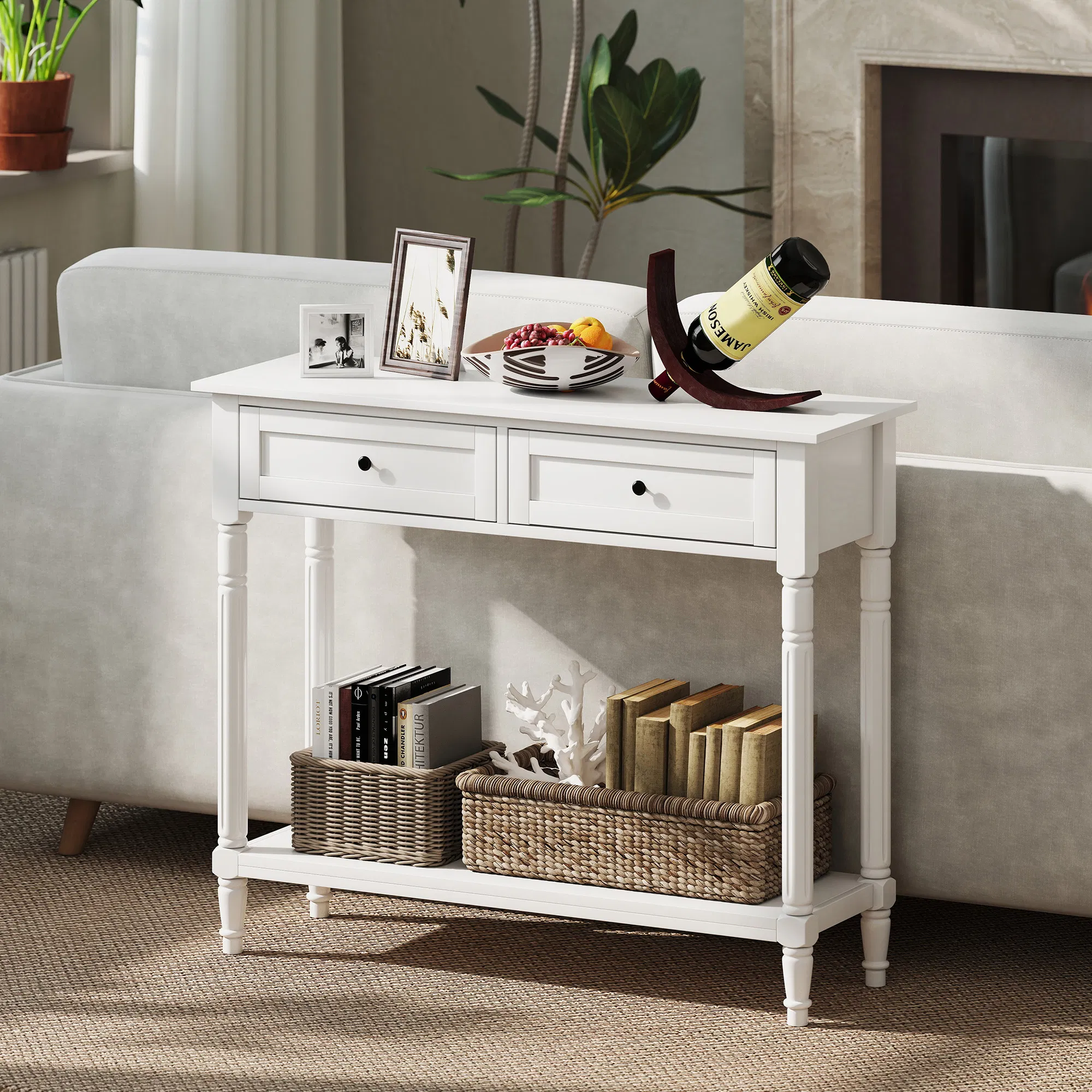 Hallway Console Table, Modern Entryway Table with 2 Drawers, Storage Shelf, Turned Legs for Living Room, Bedroom, White photo 5