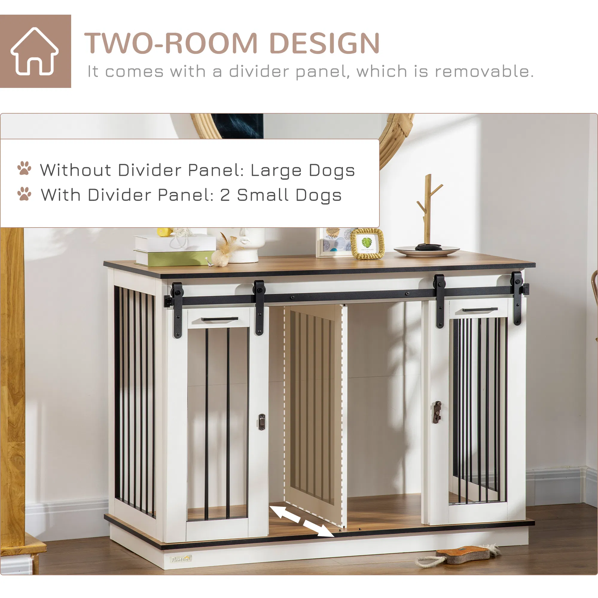 47in Dog Crate Furniture with Divider Panel, Wooden Dog Kennel TV Stand for Large Breeds, Pet House Side Table for 2 Small Breeds with 2 Rooms Design, 2 Sliding Doors, White photo 4
