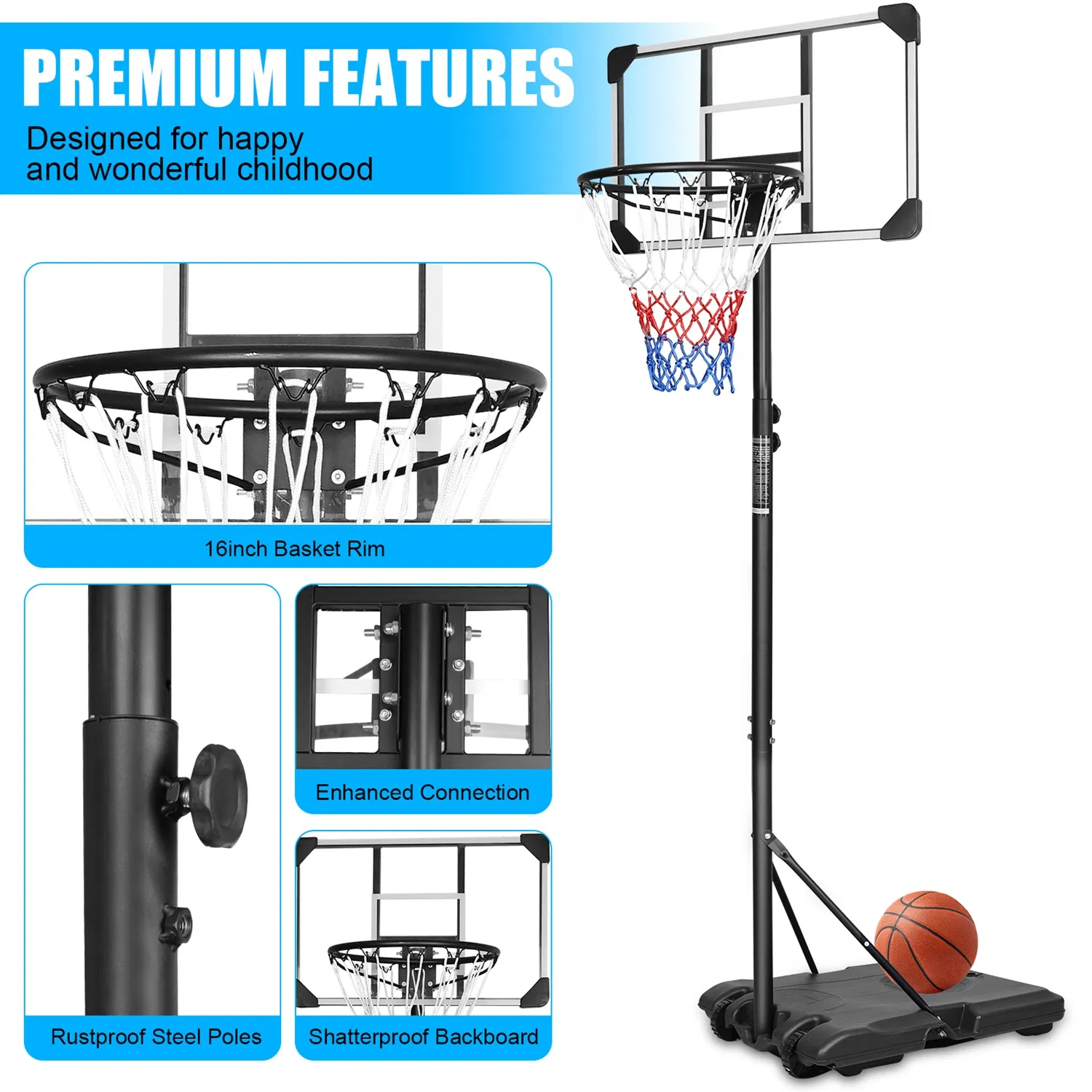16" Portable Basketball Hoop Outdoor | 5.6ft ~7ft Stepless Adjustable Height Basketball Goal System for Driveway, Backyard, for All Ages,Basketball Goal System Indoor Outdoor for Kids Teens Adults photo 7