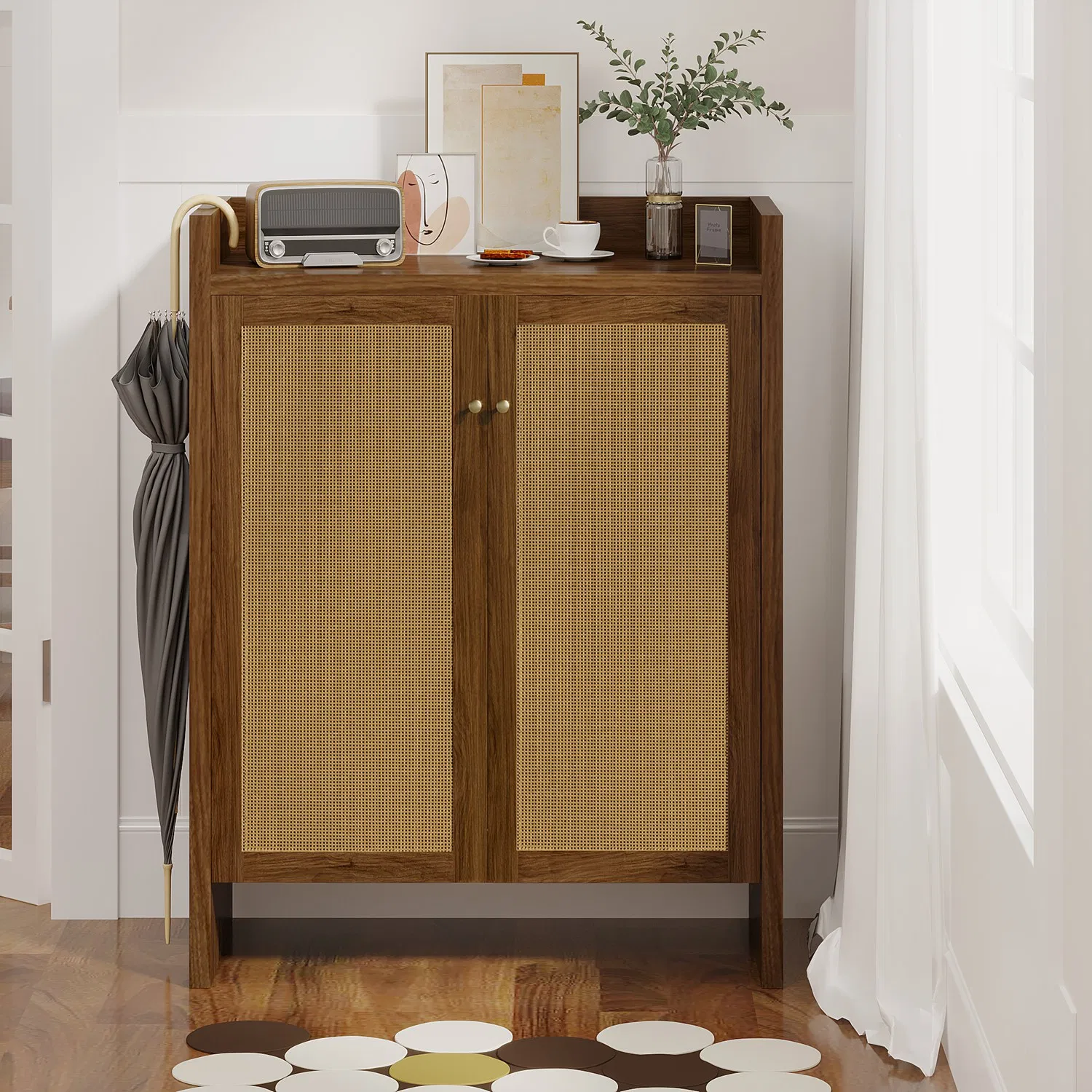 Shoe Cabinet Set, Large Capacity Shoe Storage Organizer Cabinet, Tall Rattan Shoe Cabinet with Doors and Shelves, 6-Tier Farmhouse Boho Wooden Storage Cabinet for Entryway Hallway photo 4