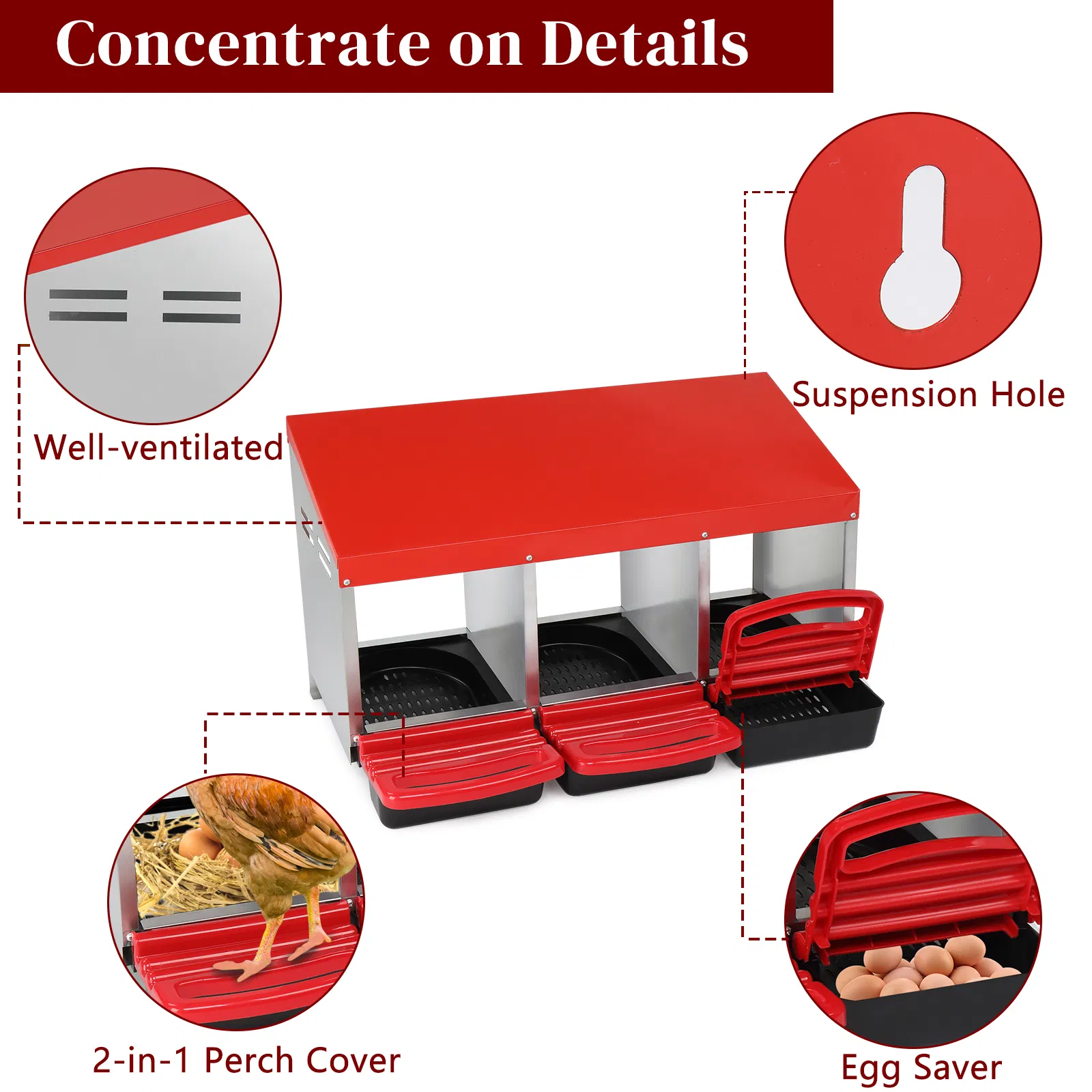 3 Compartment Roll Out Chicken Nesting Box with Plastic Basket, Egg Nest Box Chicken Laying Box Hens Chicken Coop Box, Red photo 8