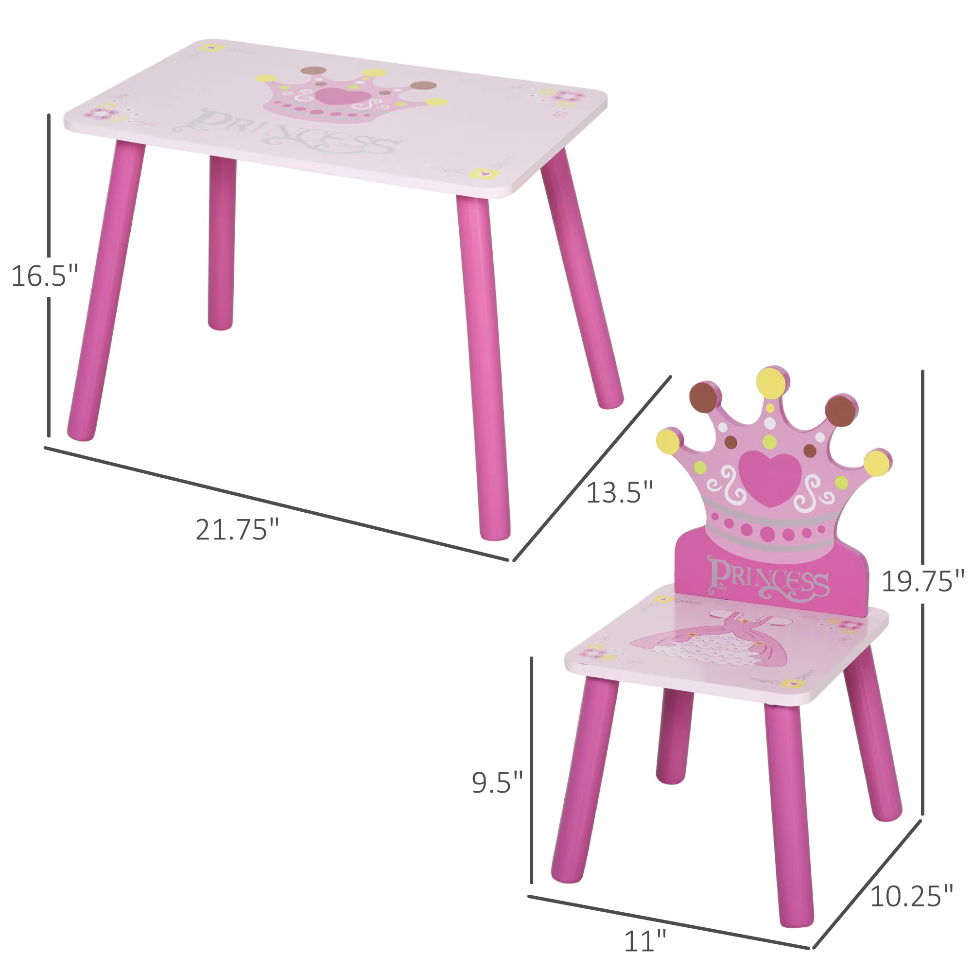 3-Piece Set Kids Wooden Table Chair with Crown Pattern Easy to Clean Gift for Girls Toddlers Age 2-4 Years Old Pink photo 2