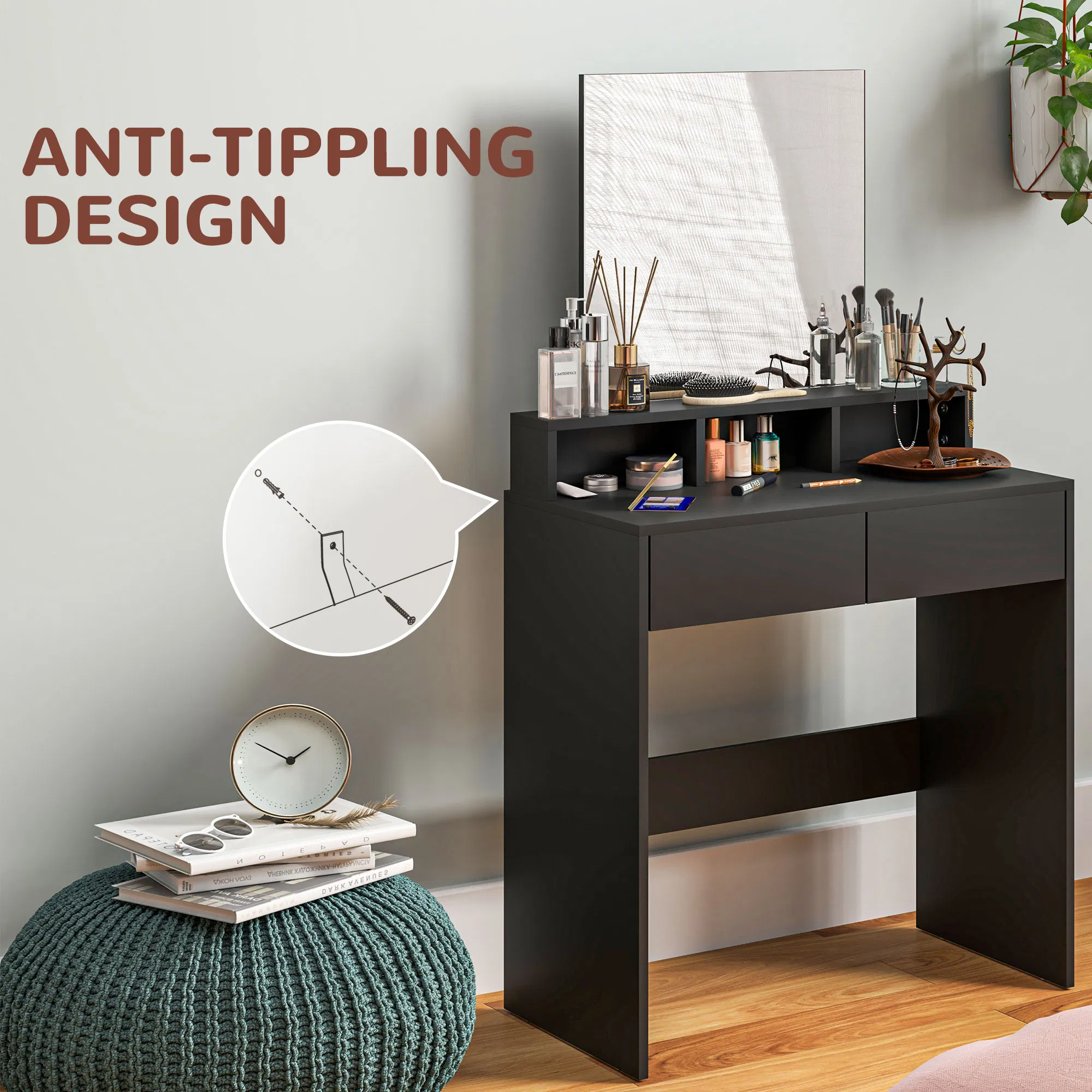 Makeup Vanity Desk with Mirror, for Bedroom, Modern Dressing Table with Drawers, Compartments, Black photo 5