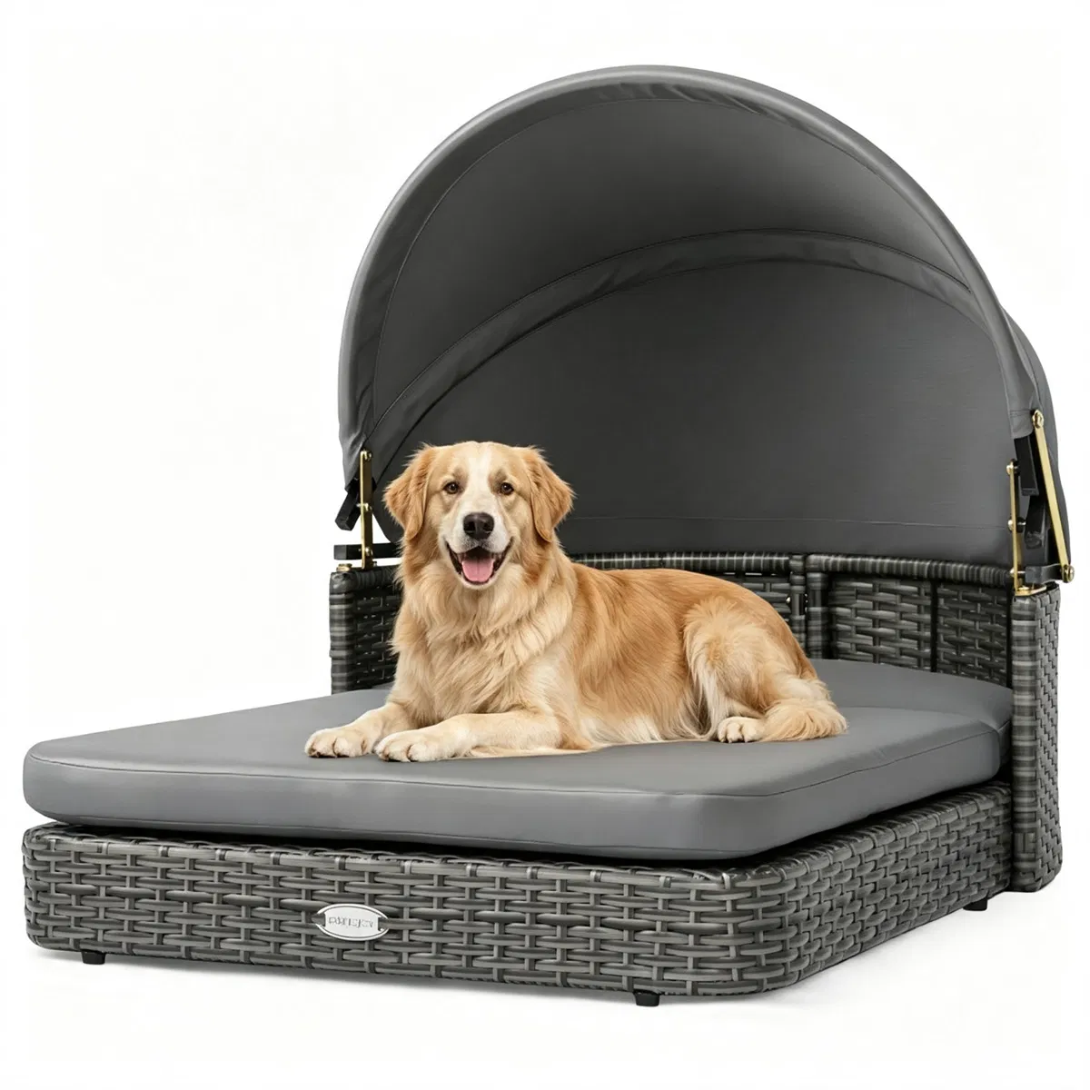 Gray Hand-Woven PE Rattan Dog Bed with Adjustable Canopy, Elevated Outdoor Pet Daybed with Washable Plush Cushion, Anti-Slip Breathable Pet Shelter for Indoor Patio Garden photo 1