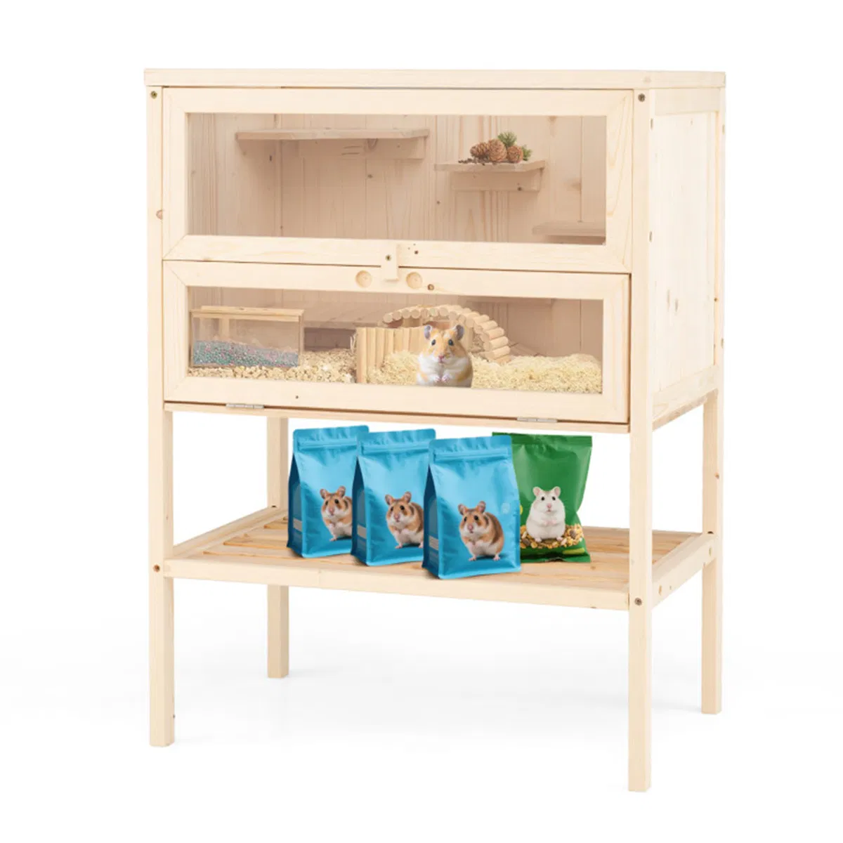 31.5 " Fir Wood Hamster Cage with Flip Mesh Roof, Multi-Level Activity Areas & Bottom Storage Shelf photo 1