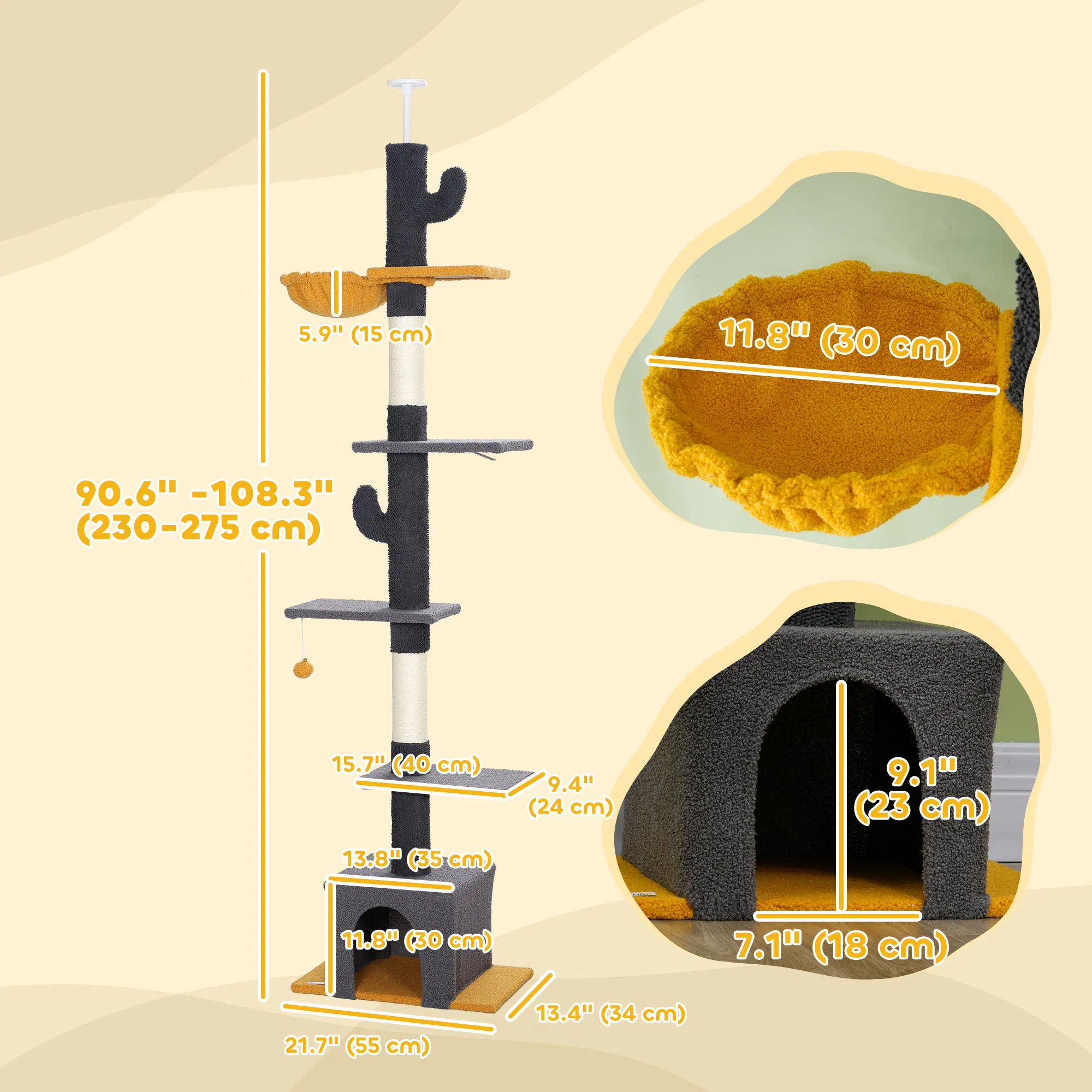 Floor to Ceiling Cat TreeTower with 90.5"-108" Adjustable Height, Scratching Posts, Hammock, Condo, Toy Ball, Dark Grey photo 3