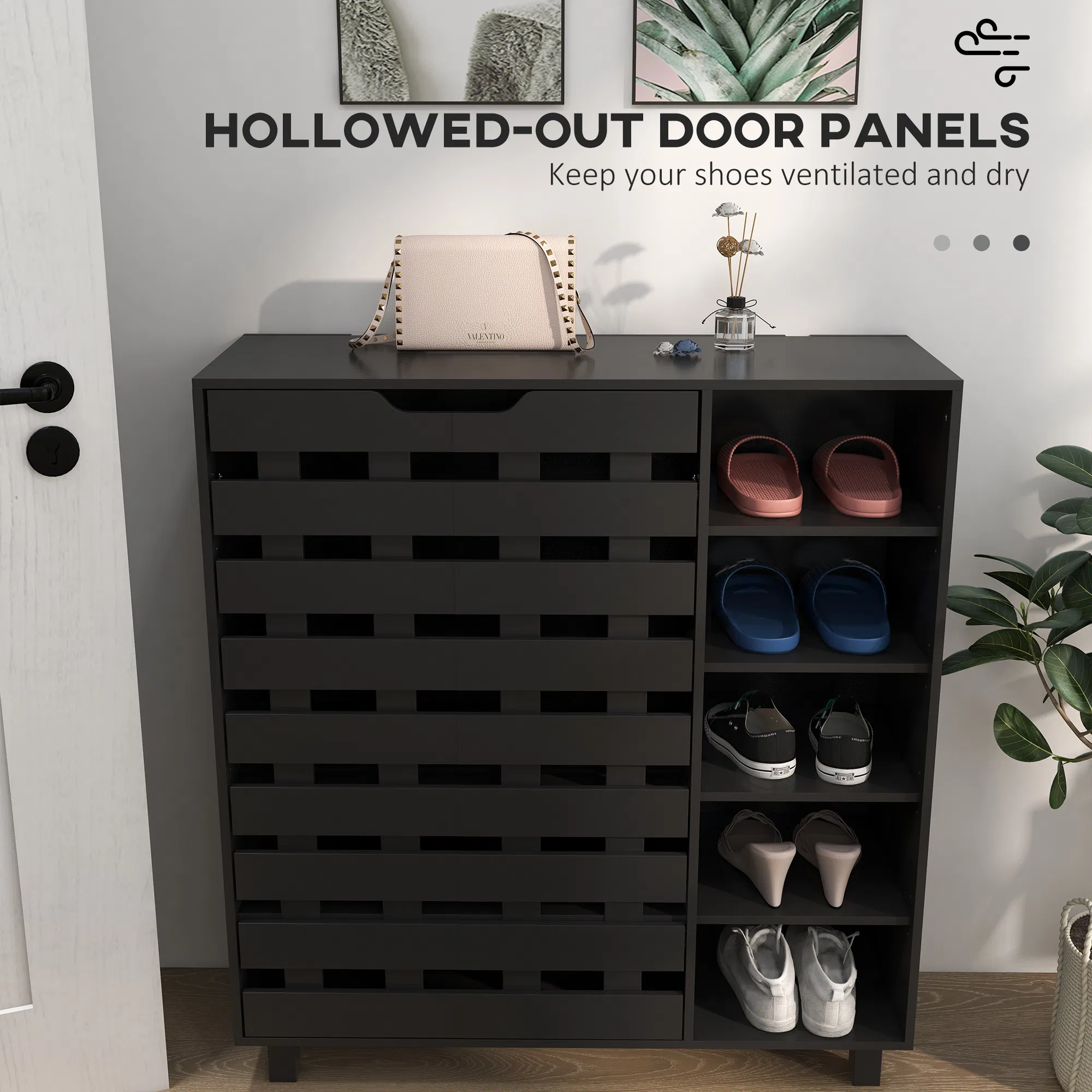 Shoe Cabinet, 21 Pair Shoe Storage Cabinet Organizer with 5-tier Double Door Cupboard and 5-tier Open Shelves, Black photo 6