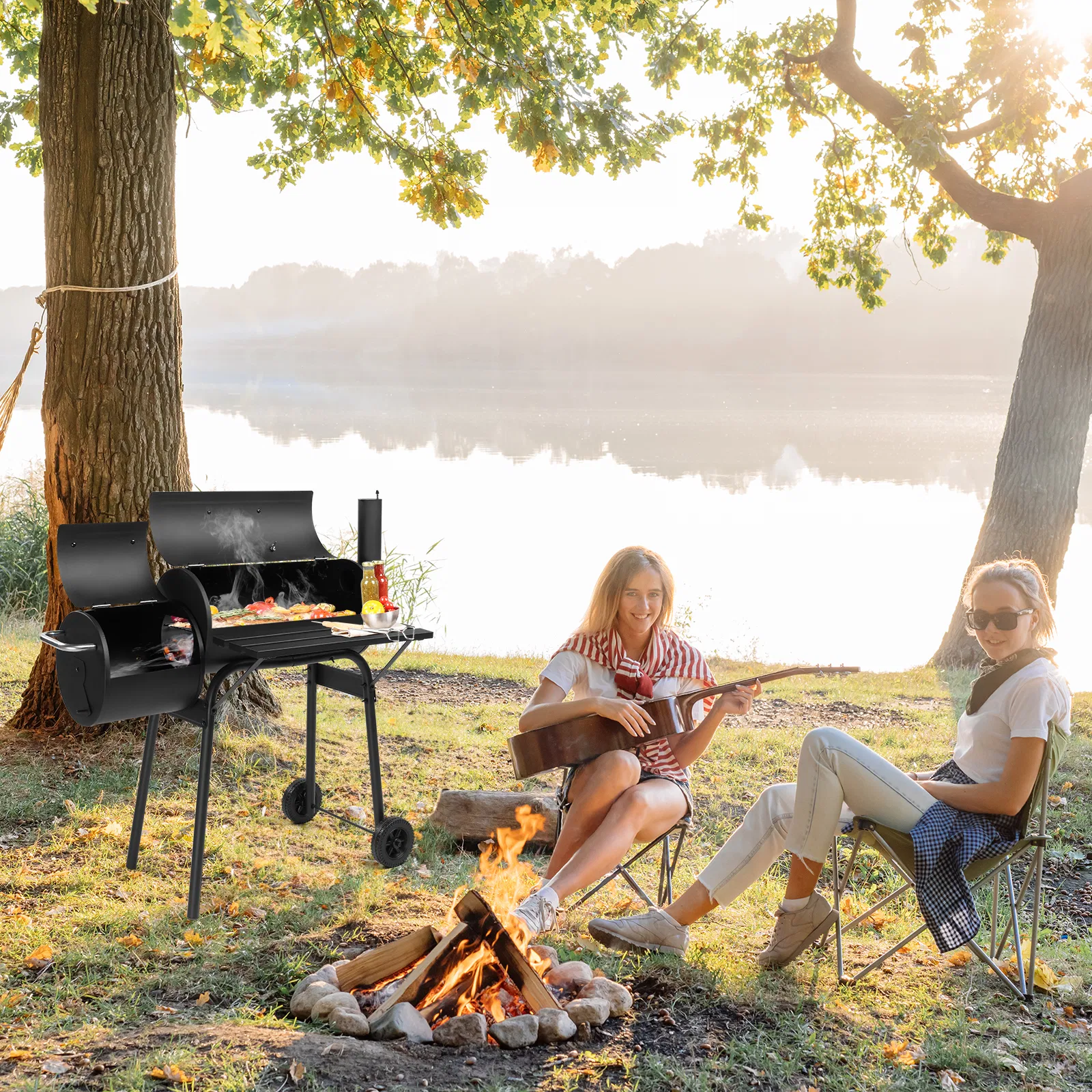 Barrel Charcoal Grill with Offset Smoker, All Metal Outdoor Smoker with Side Table and Wheels for Outdoor Garden Patio and Backyard Cooking photo 7