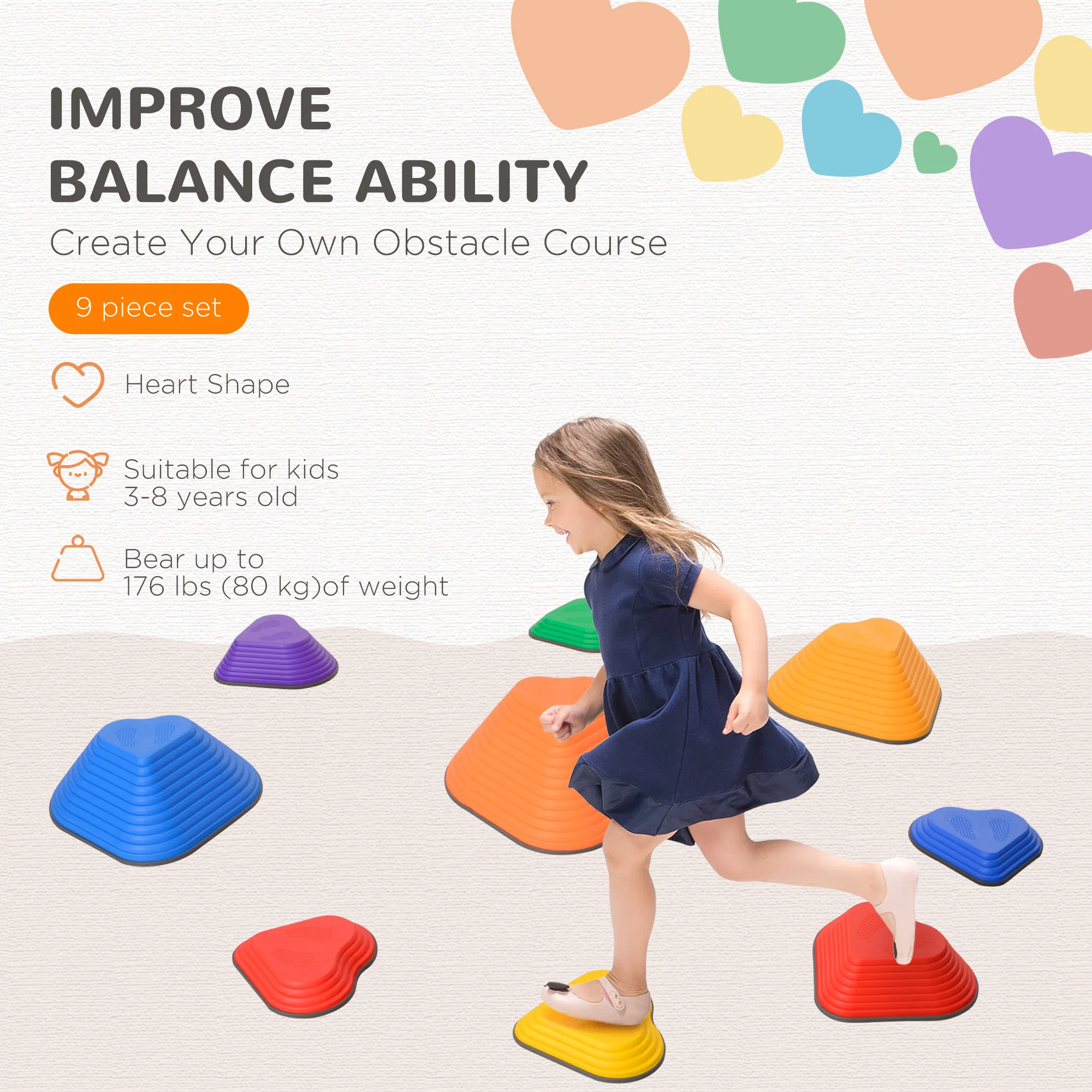 9PCs Non-Slip Stackable Kids Stepping Stones, Heart-Shaped photo 4