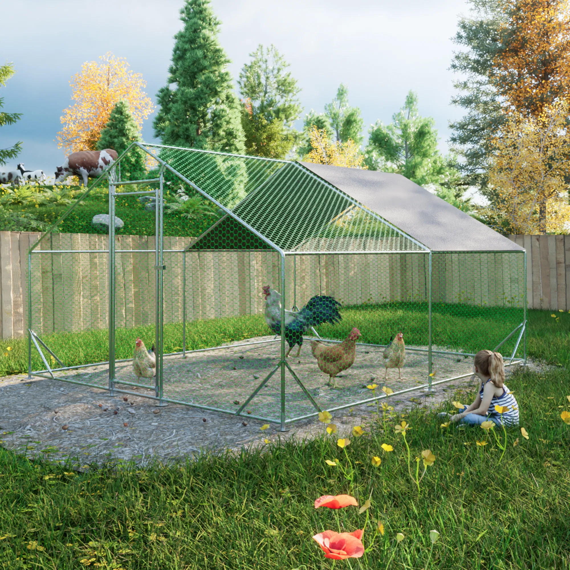 10 x 13ft Outdoor Large Metal Chicken Run Coop with 1 piece of Waterproof Cover, Garden Backyard Walk-in Hen Cage Poultry Pet Hutch for Farm Use photo 4