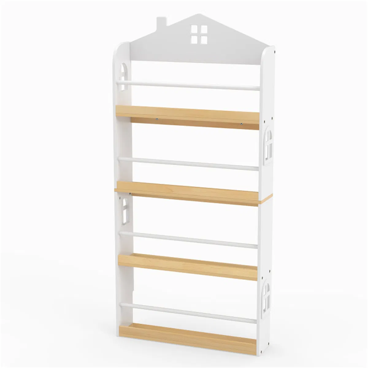 4-Tier House-Shaped Kids Bookshelf, 60.96×15.24×129.54 cm Front-Facing Book Rack with Anti-Toppling Kits for 3+ Years, White & Natural photo 8