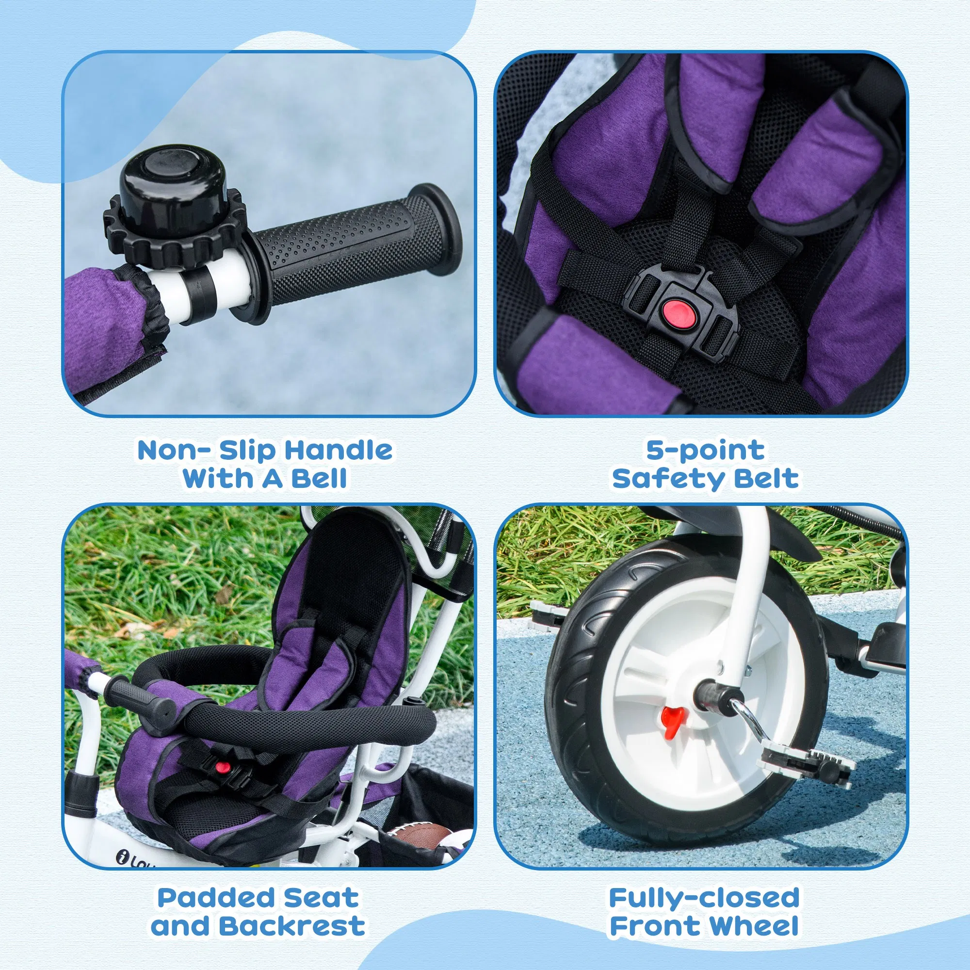 6 in 1 Toddler Tricycle Stroller with Basket, Canopy, 5-point Safety Harness, for 12-60 Months, Purple photo 5