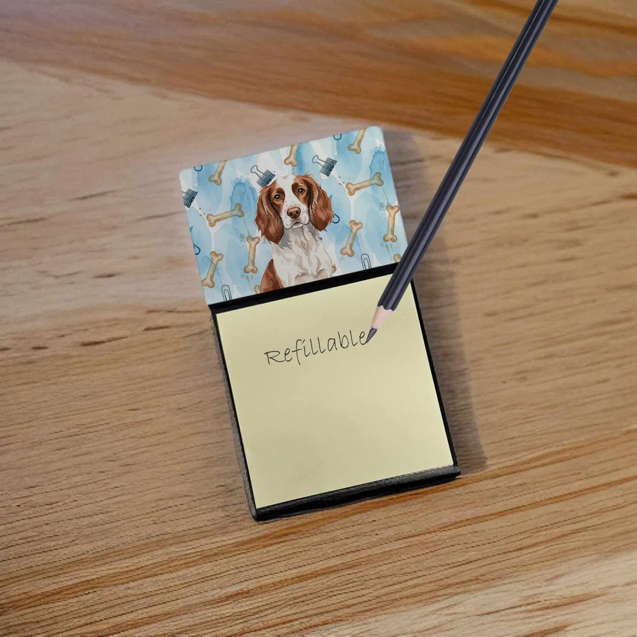 Liver and White English Springer Spaniel Coworker Watercolor Sticky Note Holder Refillable Dispenser Desk Accessory 3x3 Pad Gift photo 3