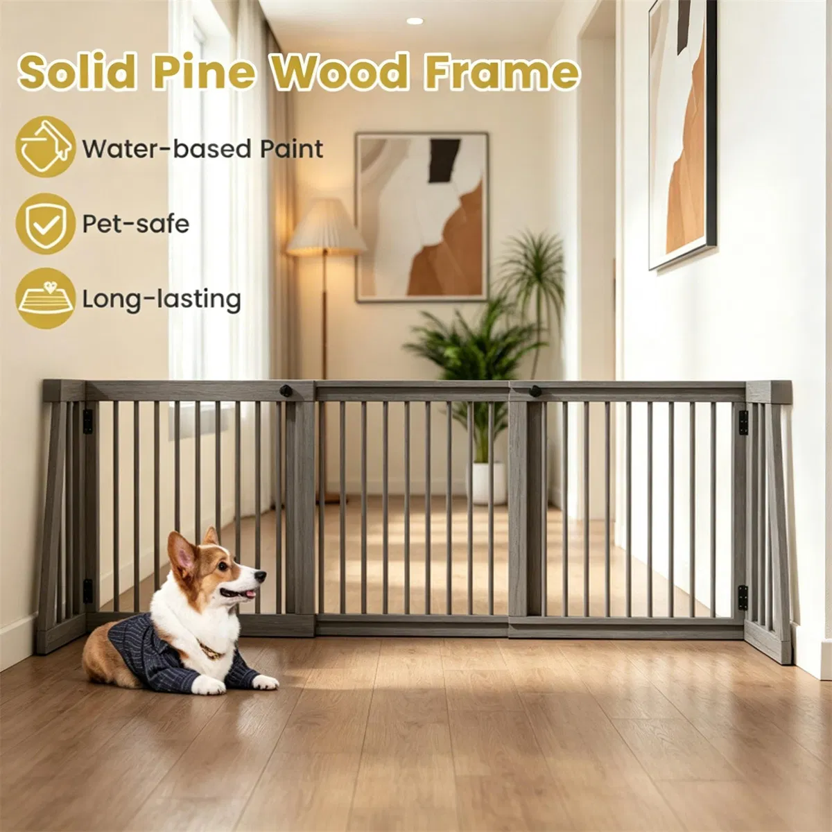 Adjustable Expandable Wooden Pet Gate 22 Inch Tall Freestanding Safety Fence, Gray Pine Wood Slide Dog Gate Easy Assembly for Home & Office Entryways photo 4