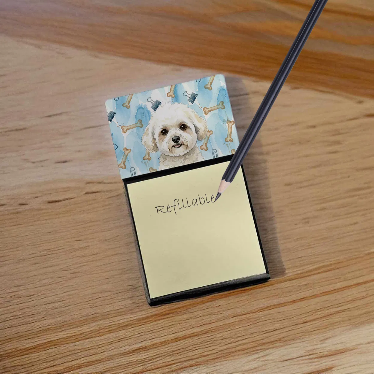 White and Cream Bichon Frise Coworker Watercolor Sticky Note Holder Refillable Dispenser Desk Accessory 3x3 Pad Gift photo 7