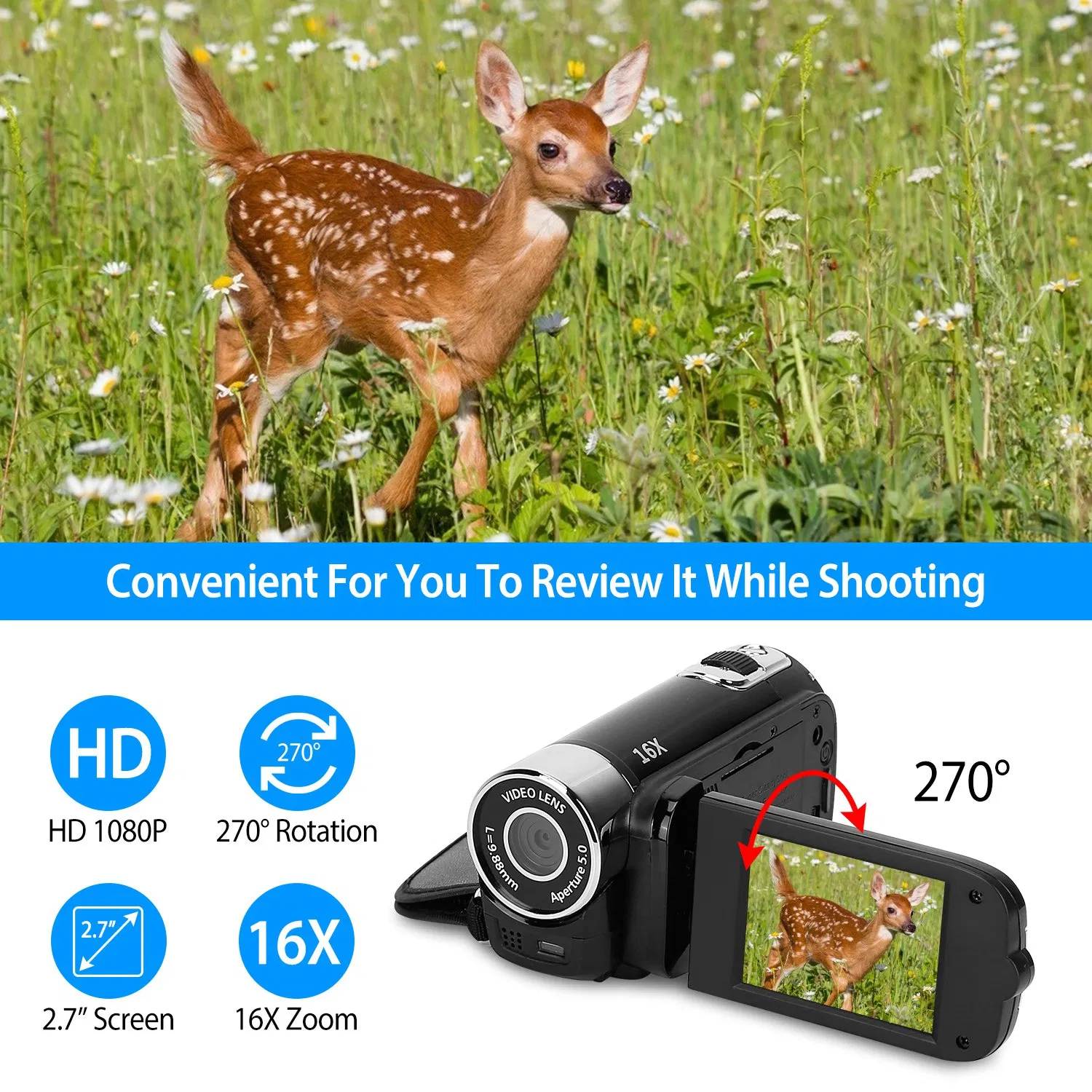 HD 1080P Digital Video Camcorder 2.7in 16X Zoom DV Camera 270° Rotation Rechargeable Kid Camera w/Fill Light Selfie photo 3