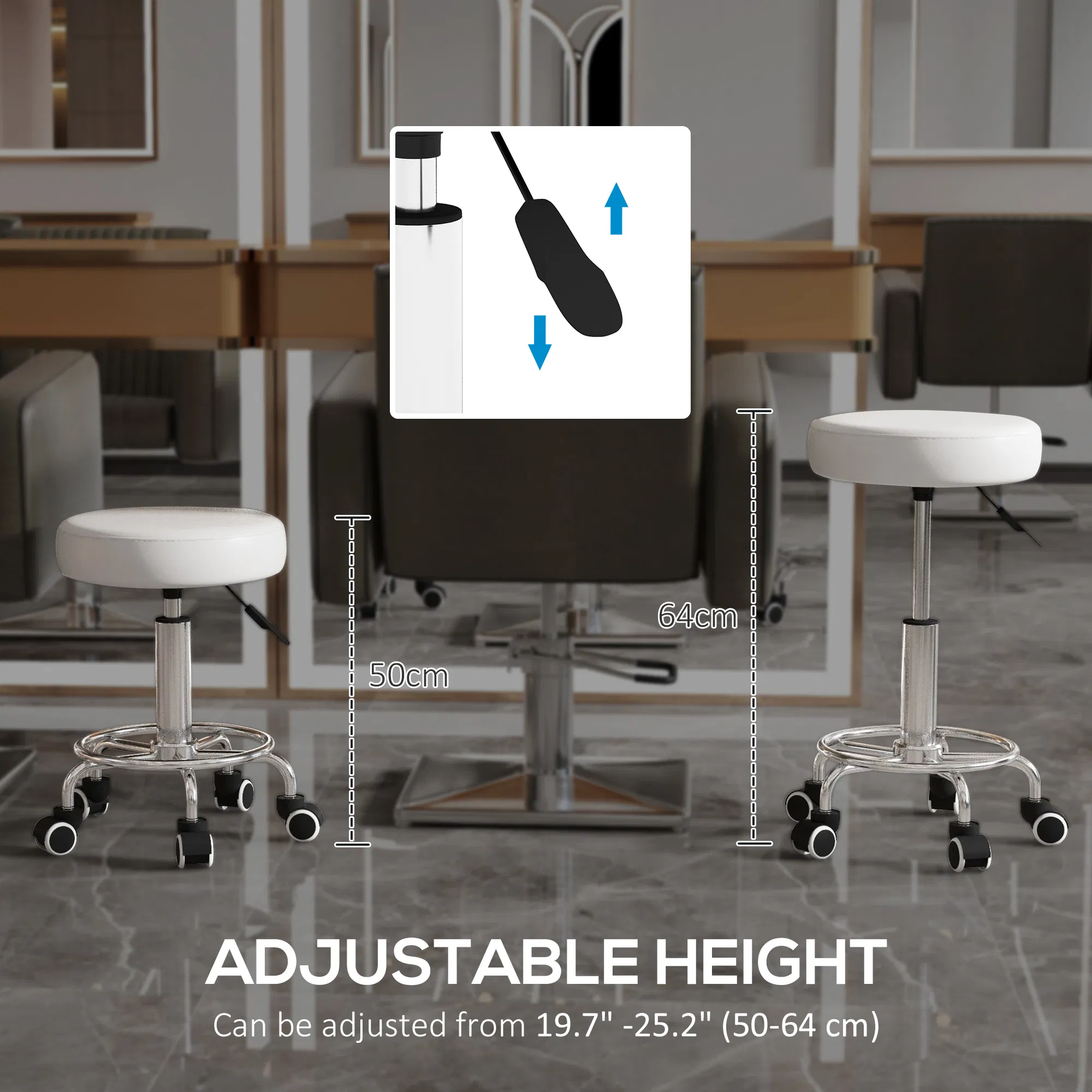 Vinsetto Salon Stool with Adjustable Height, PU Leather Barber Rolling Massage Tattoo Chair for Bar Beauty SPA, White photo 4
