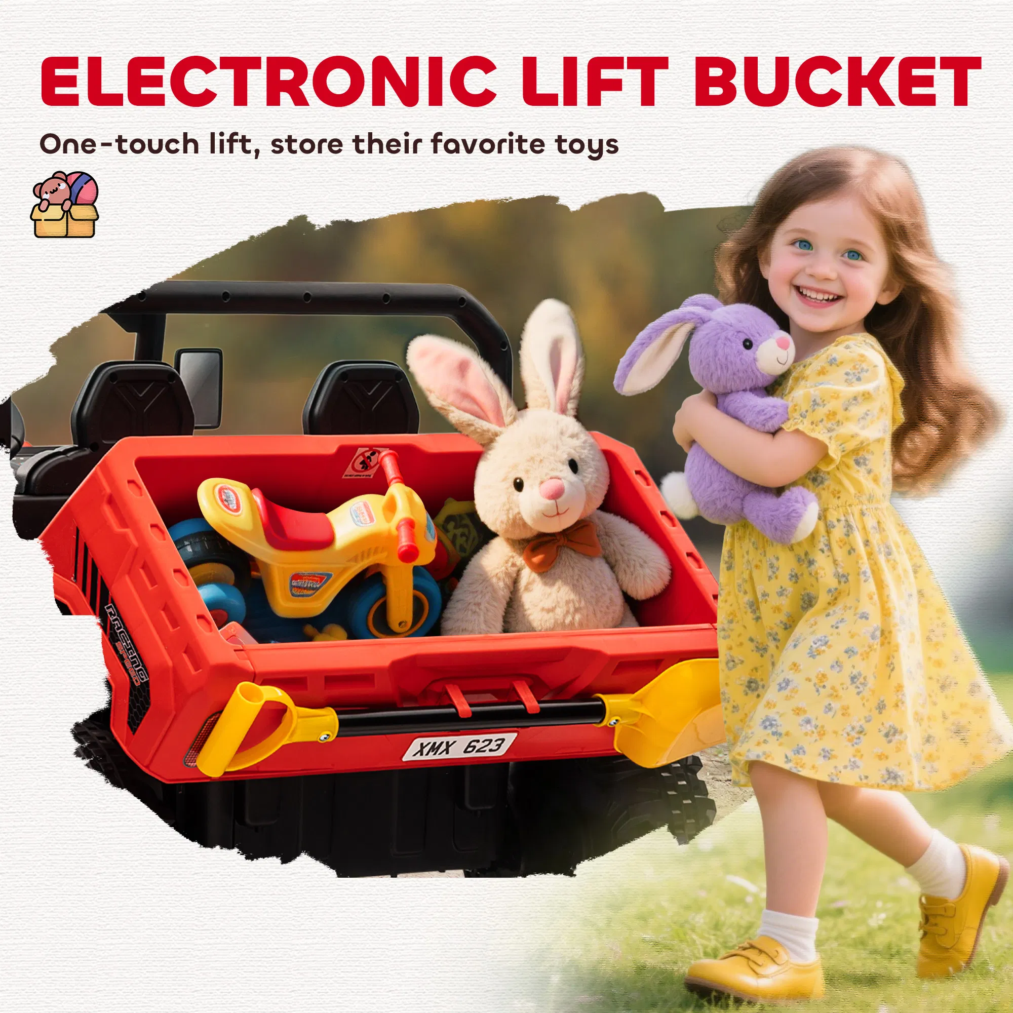 12V Ride on Car with Electric Bucket, Two-Seater, Shovel, Remote Control, Spring Suspension, Horn, Music, Red photo 3