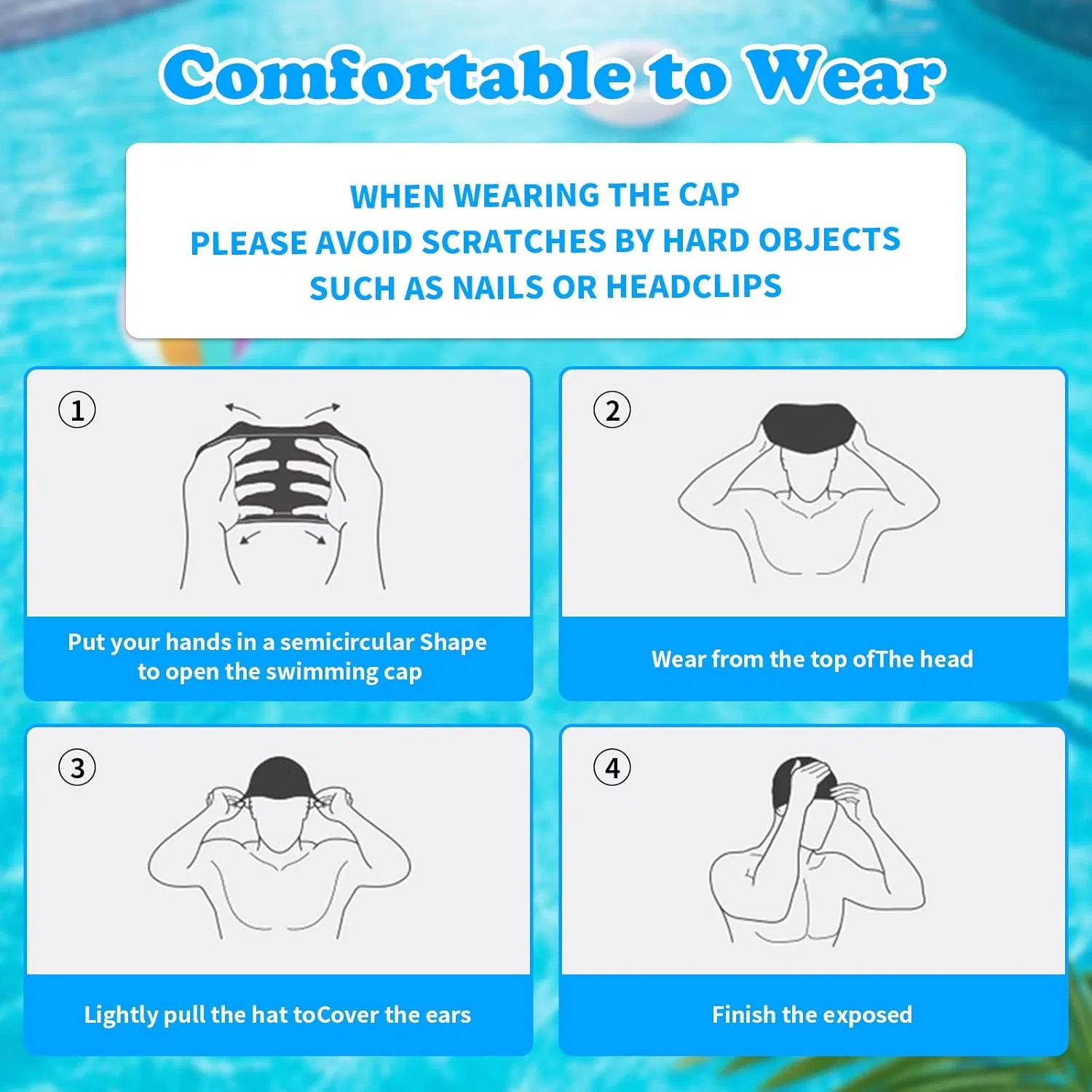 2pcs Adult Swim Caps for Women, Silicone Waterproof Swimming Caps - Fits Long/Short Hair, Anti-Slip Large Swim Cap Men Comfy Bathing Caps for Women Swimming photo 5