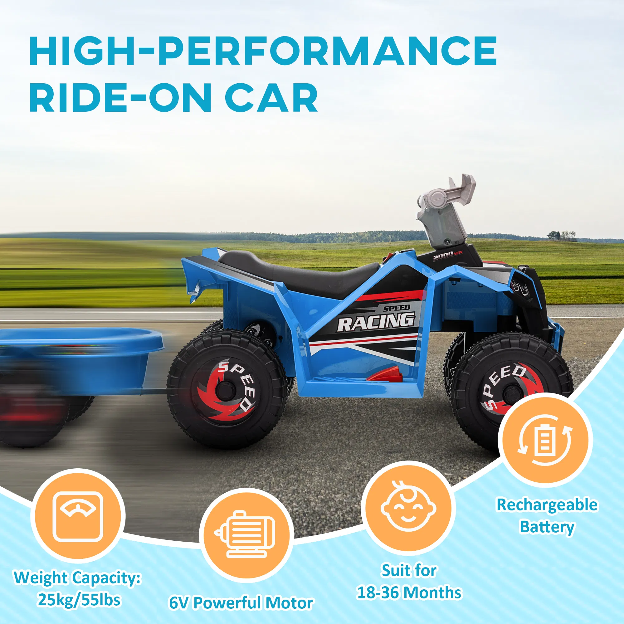6V Kids ATV Quad, Battery Powered Electric Vehicle for Kids with Back Trailer, Wear-resistant Wheels, for Boys and Girls - Blue photo 6