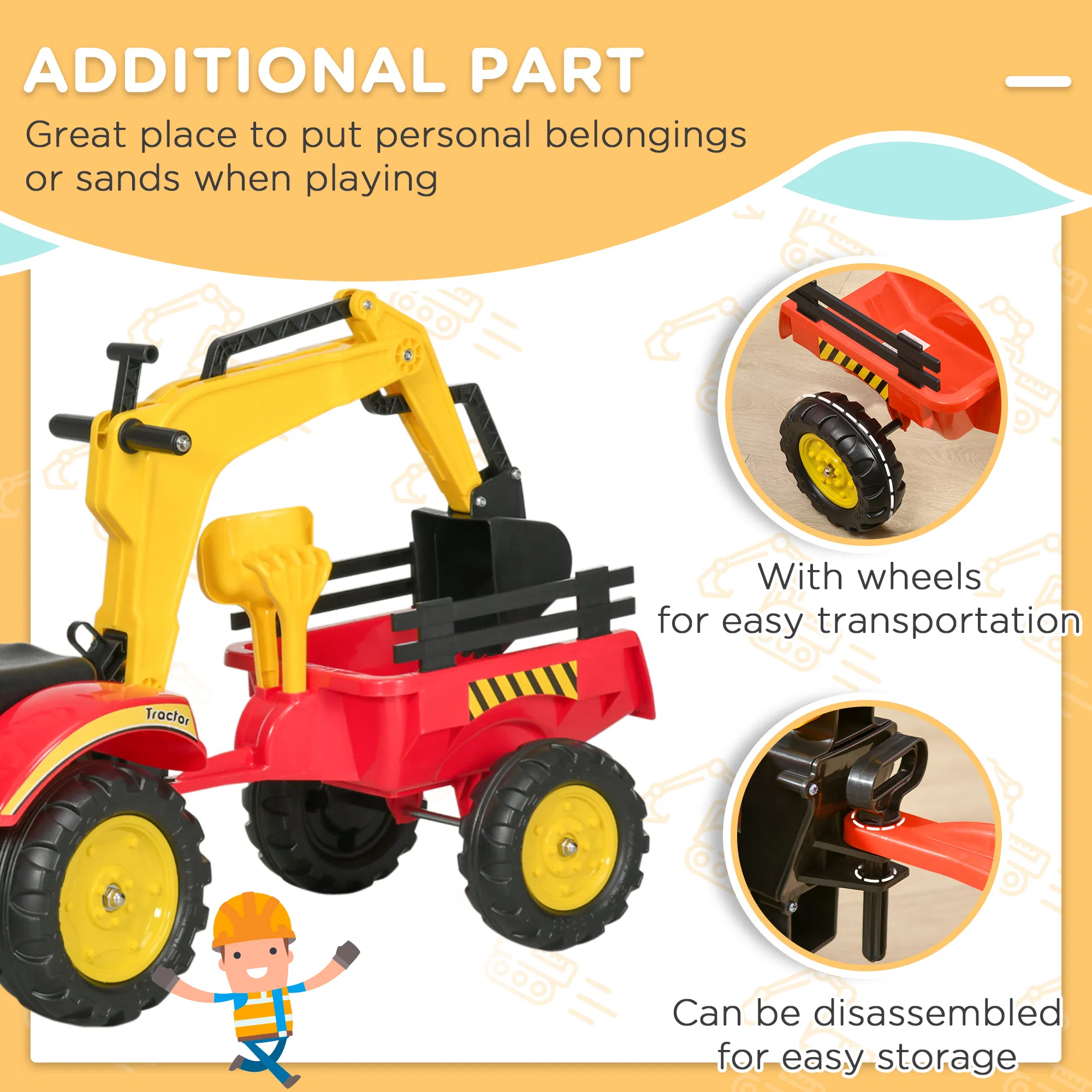 3 in 1 Kids Ride On Excavator Toy with 6 Wheels, Bulldozer with Controllable Cargo Trailer & Easy Pedal Controls photo 5