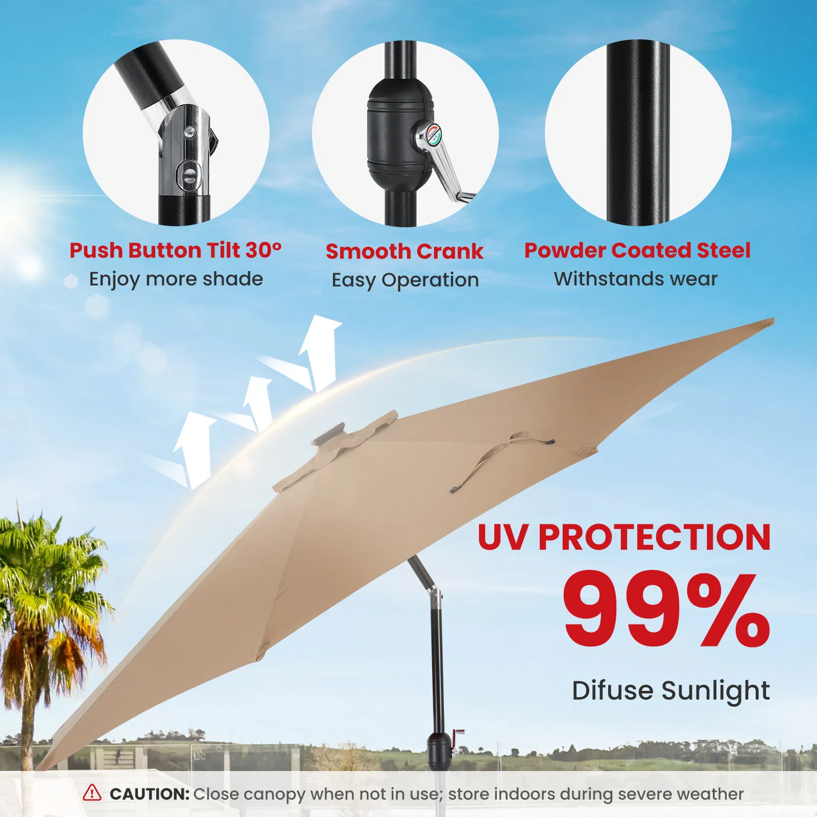 10ft Solar Polyester 32 LED Lighted Patio Umbrella with Tilt Adjustment and UV-Resistant Fabric photo 3