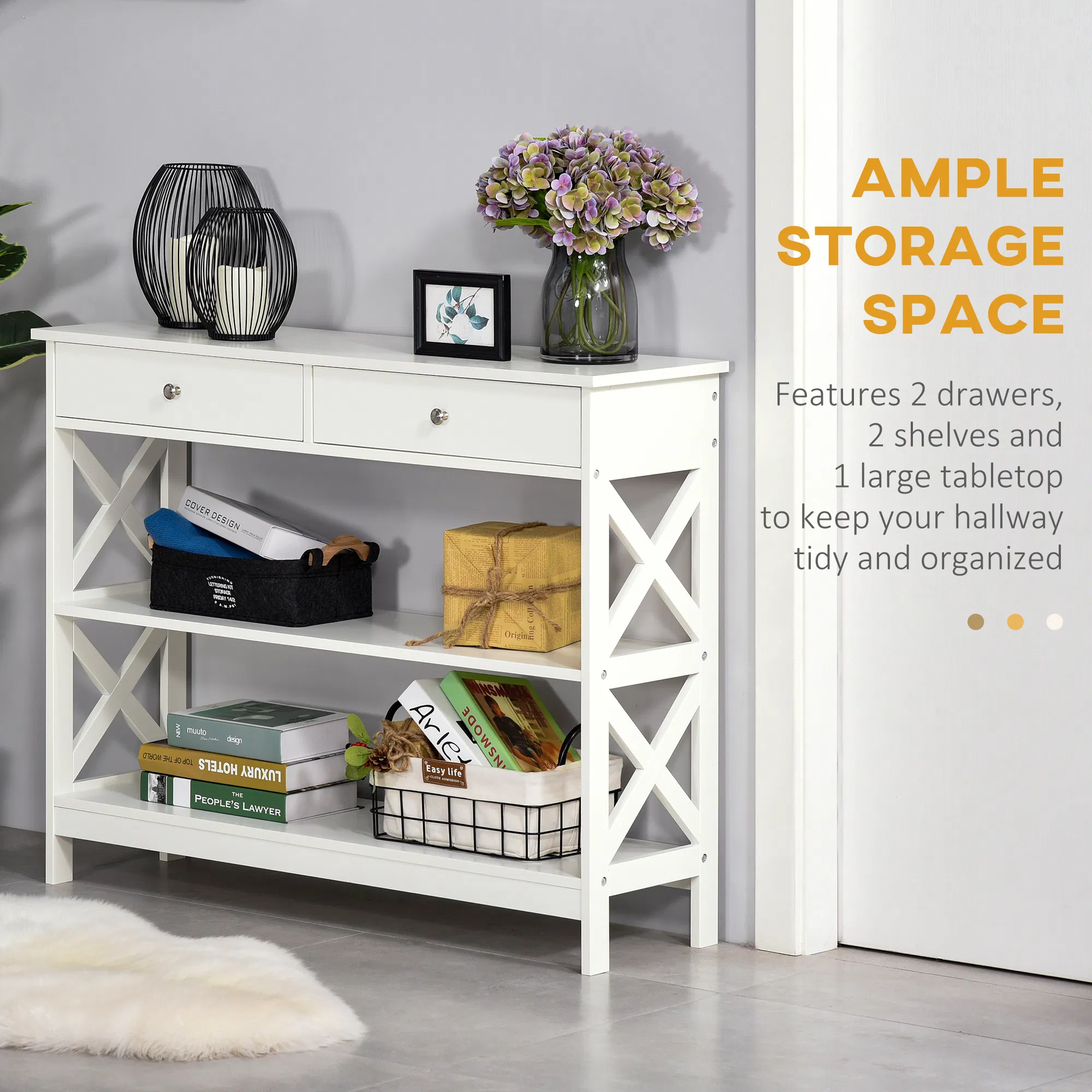 39" Console Table, Narrow Entryway Table with Storage Shelves, Drawers and X Frame for Behind Couch, Living Room, Hallway, White photo 2