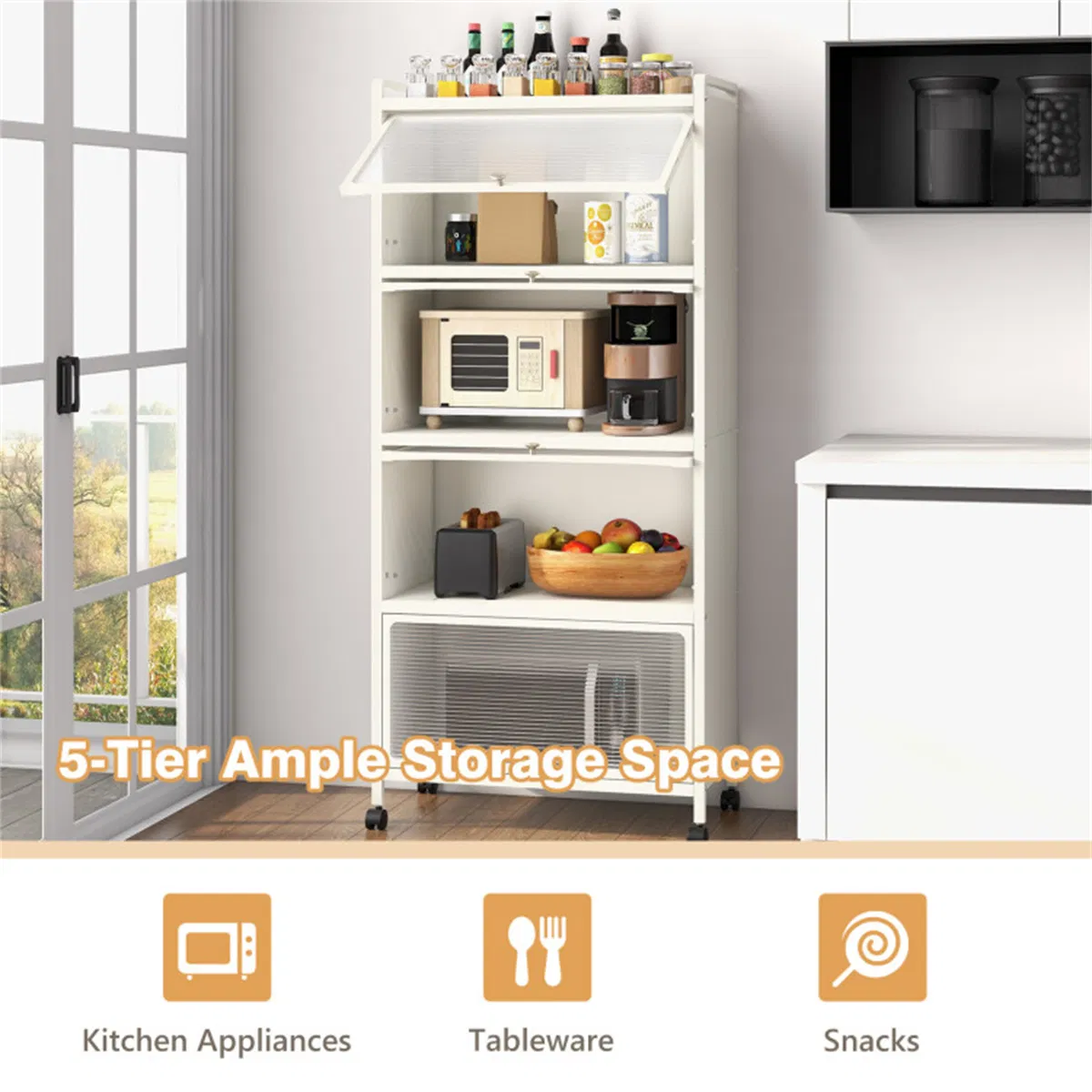 5-Tier Rolling Microwave Stand Flip Dust-Proof Doors 4 Casters with Brakes Kitchen Storage Rack White photo 5