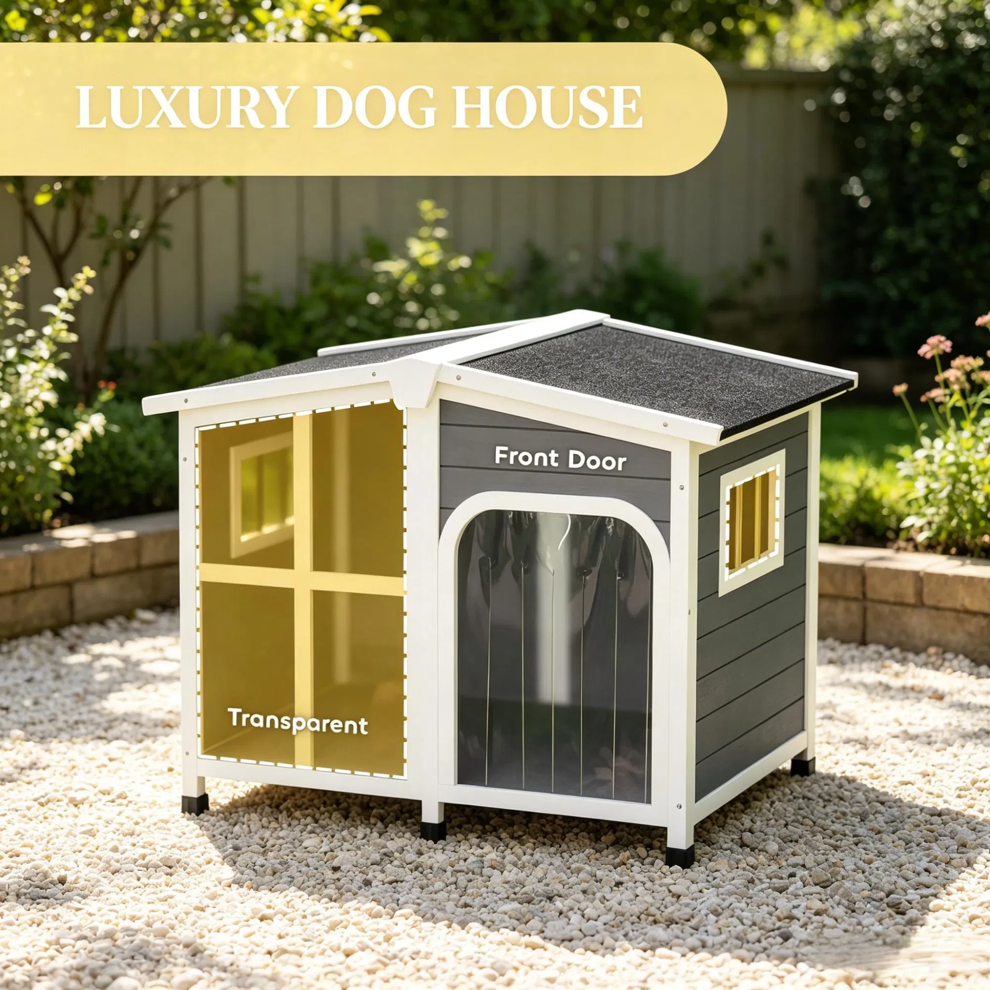 Large Dog House Cabin-Style Wooden Pet Shelter with Openable Roof And Giant Window Gray photo 6