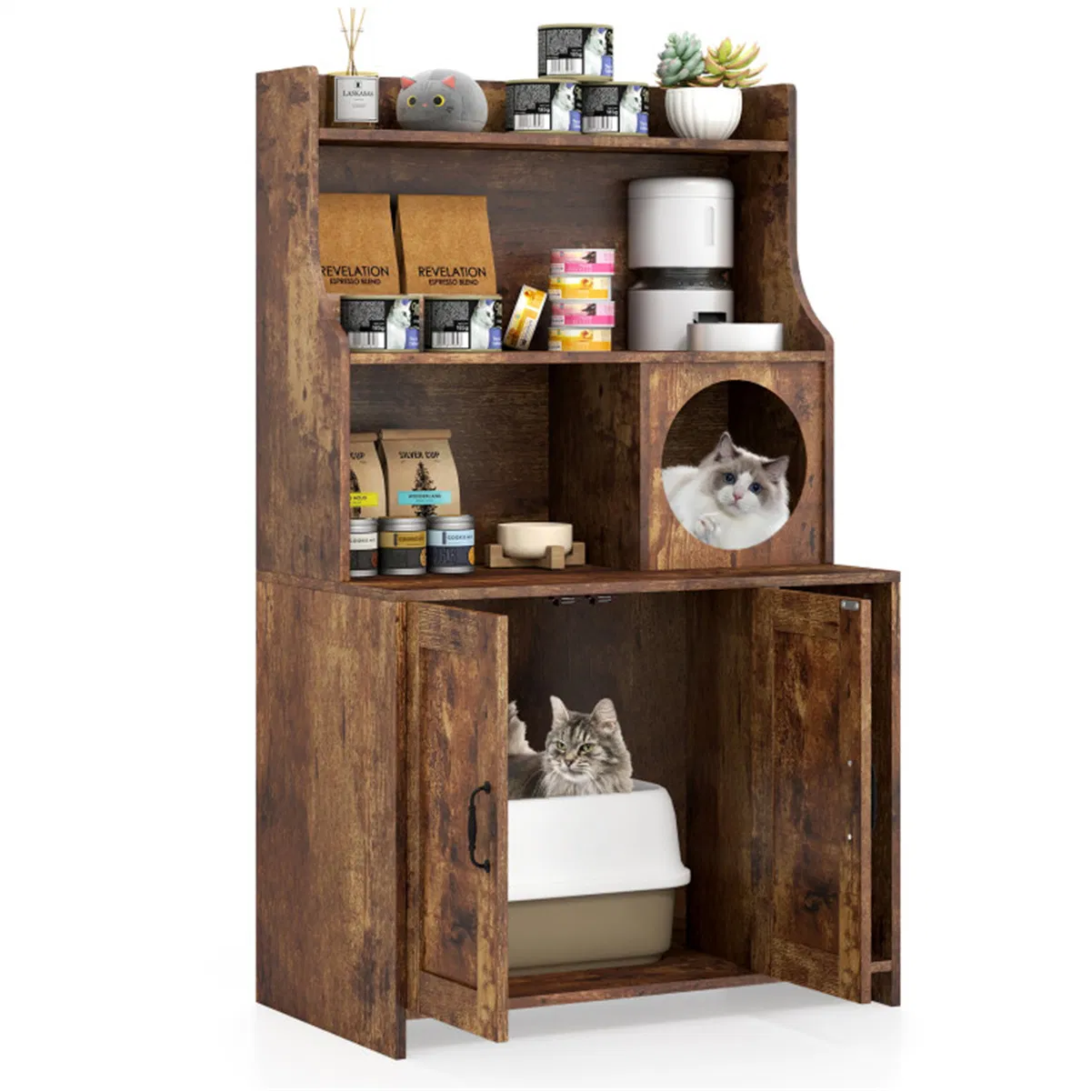 Wooden Hidden Cat Litter Box Enclosure with Storage Shelves Anti-Toppling Design Industrial Style Brown photo 6
