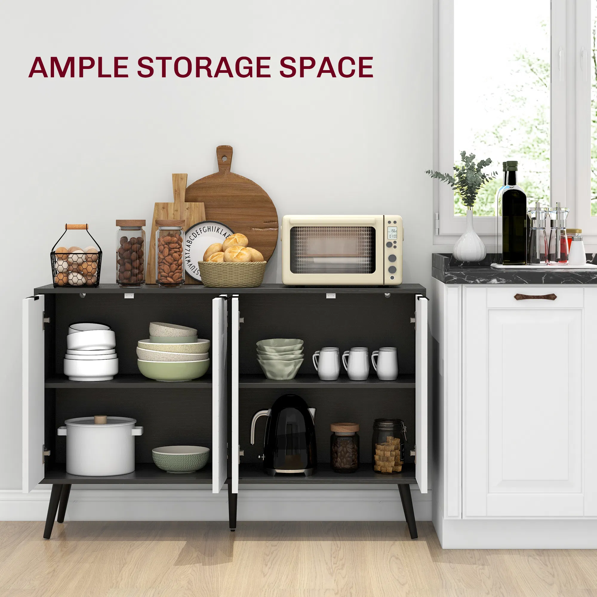 Modern Sideboard and Buffet, Dining Room Cabinet with Adjustable Shelves and 4 Doors, Black photo 6
