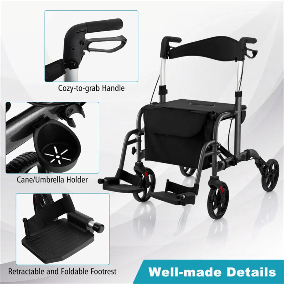 Foldable Rollator Walker with 8" Wheels Handbrake Storage Bag Cane Holder for Seniors & Rehabilitation Black photo 2