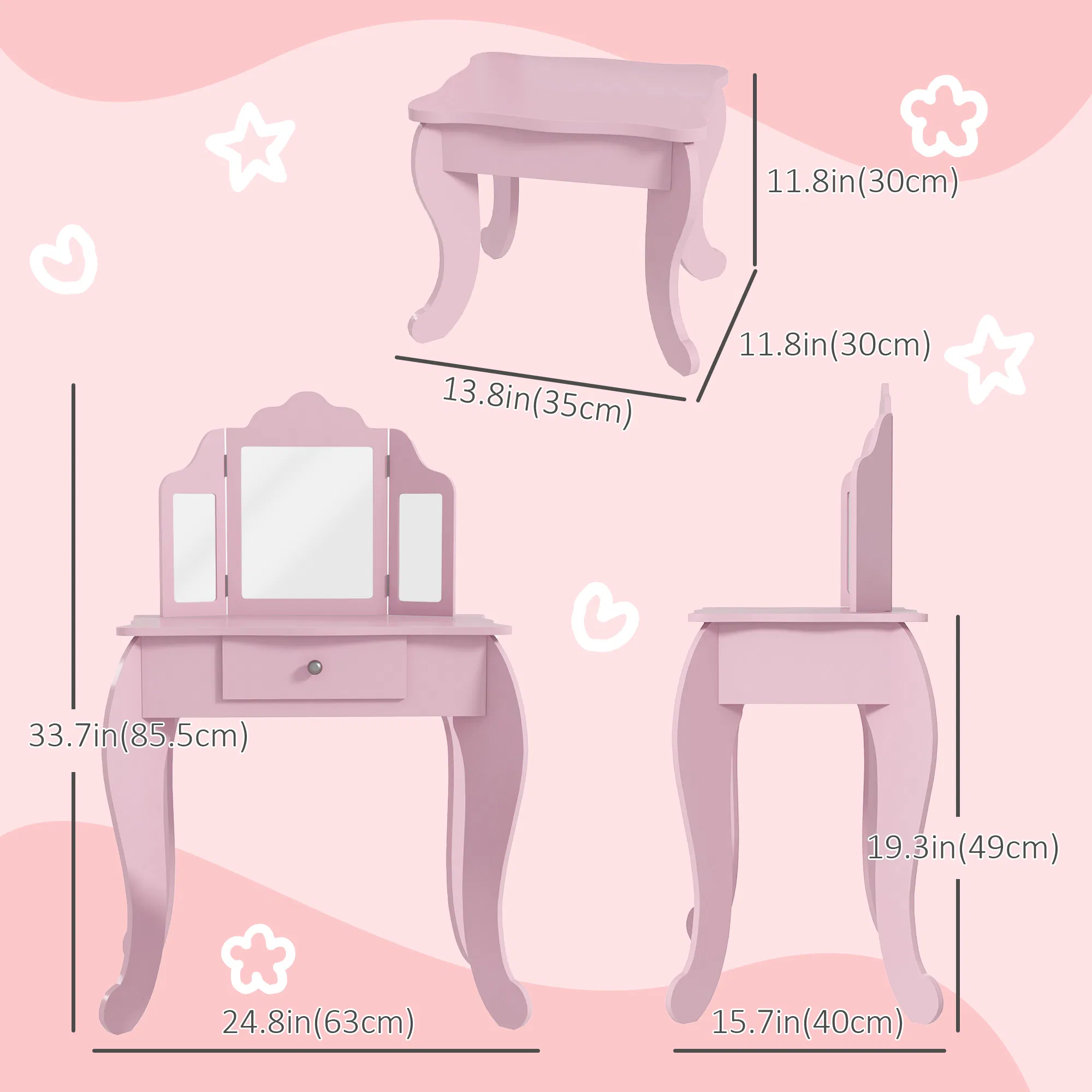 Kids Vanity Table and Stool, Makeup Vanity Girls Dressing Table Set with Tri-folding Mirrors Drawer Star and Heart Pattern, Pink photo 6